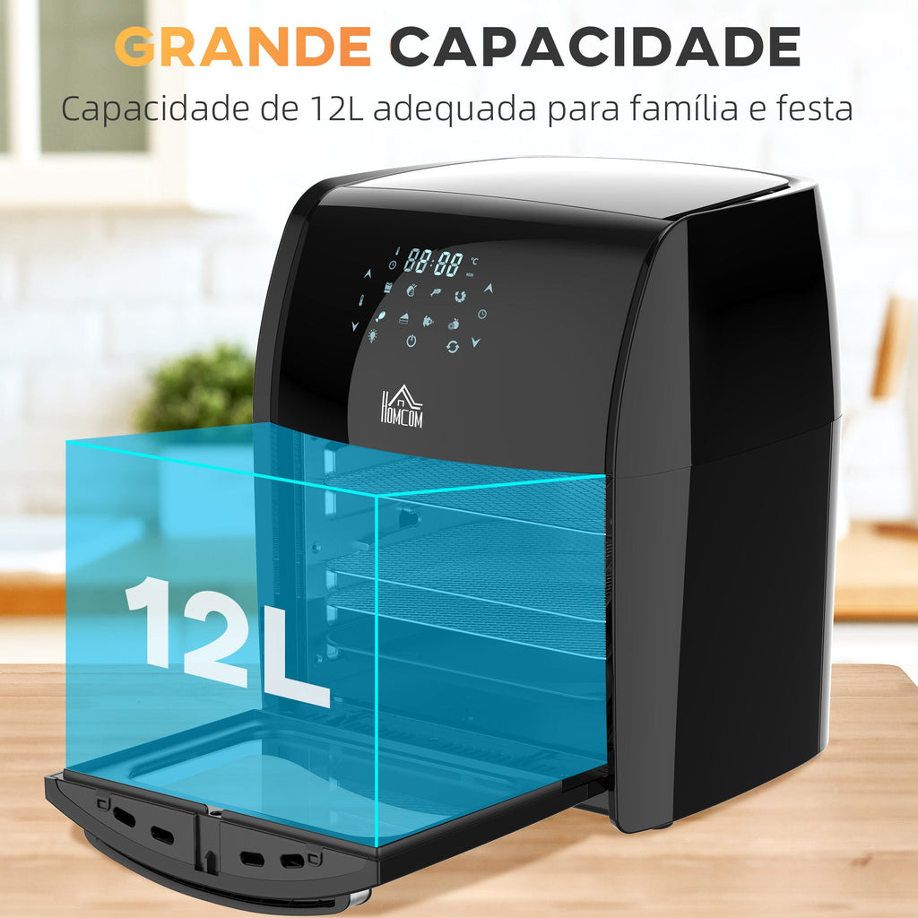 HOMCOM Fritadeira sem Óleo 3 em 1 12L Fritadeira sem Óleo 1800W Forno de Ar Desidratador com 8 Programas Função de Iluminação Ecrã Digital Janela de Visualização 35x33,5x40 cm Preto - A minha loja