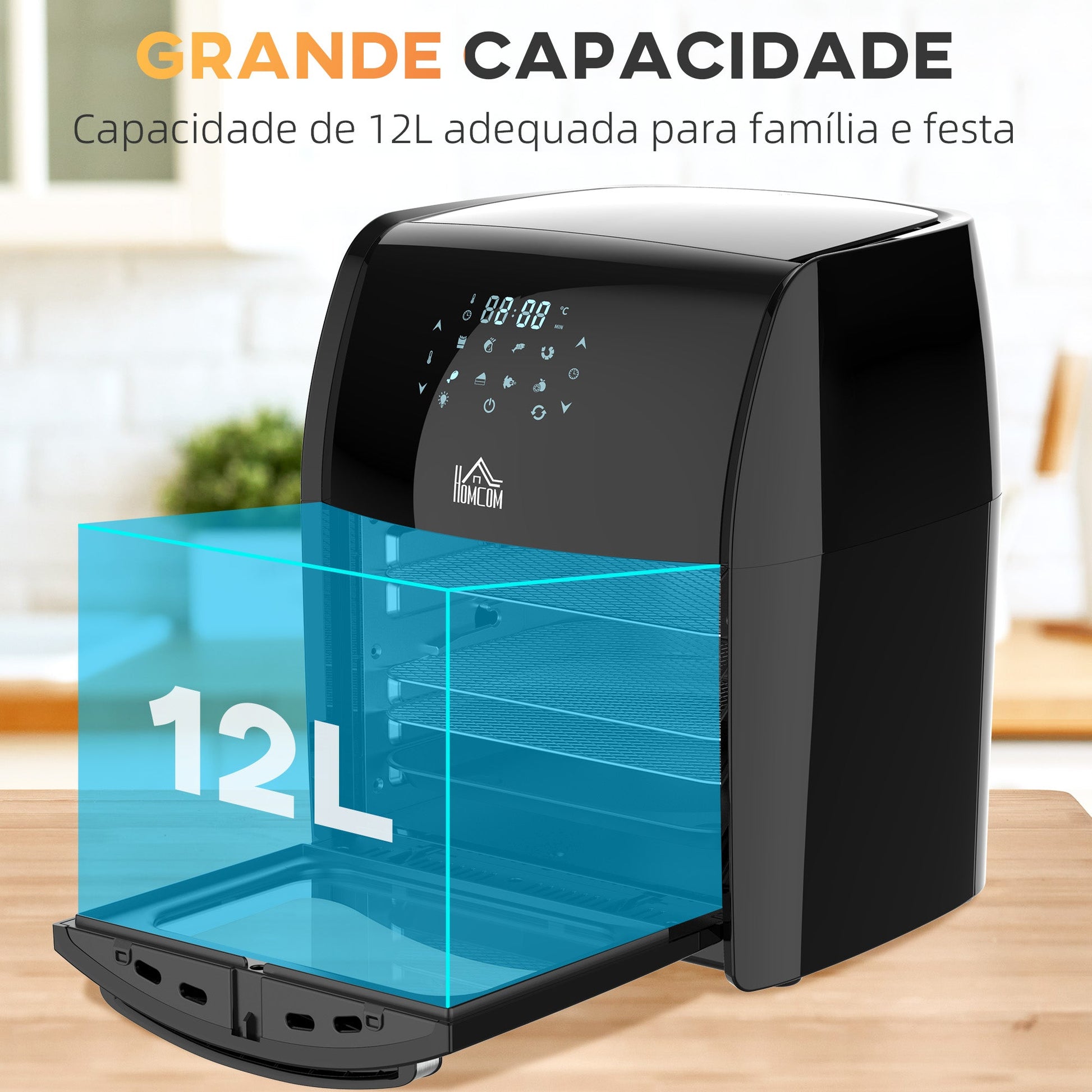 HOMCOM Fritadeira sem Óleo 3 em 1 12L Fritadeira sem Óleo 1800W Forno de Ar Desidratador com 8 Programas Função de Iluminação Ecrã Digital Janela de Visualização 35x33,5x40 cm Preto - A minha loja