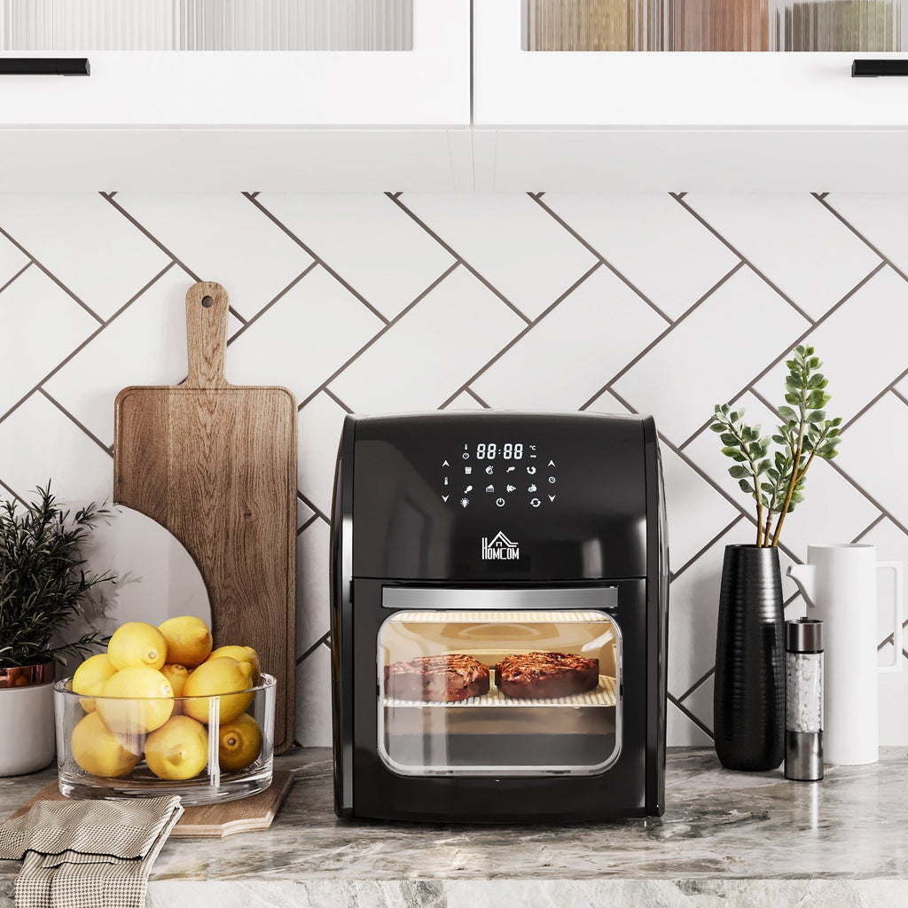 HOMCOM Fritadeira sem Óleo 3 em 1 12L Fritadeira sem Óleo 1800W Forno de Ar Desidratador com 8 Programas Função de Iluminação Ecrã Digital Janela de Visualização 35x33,5x40 cm Preto - A minha loja