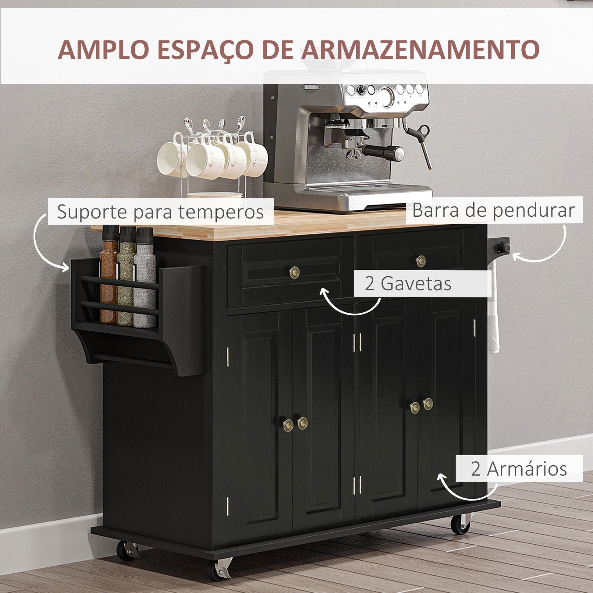 HOMCOM Ilha de Cozinha com Rodas Móvel Auxiliar de Cozinha com 2 Gavetas 4 Portas Suporte para Temperos e Barra Lateral 111x44,5x82,5 cm Preto e Madeira - A minha loja