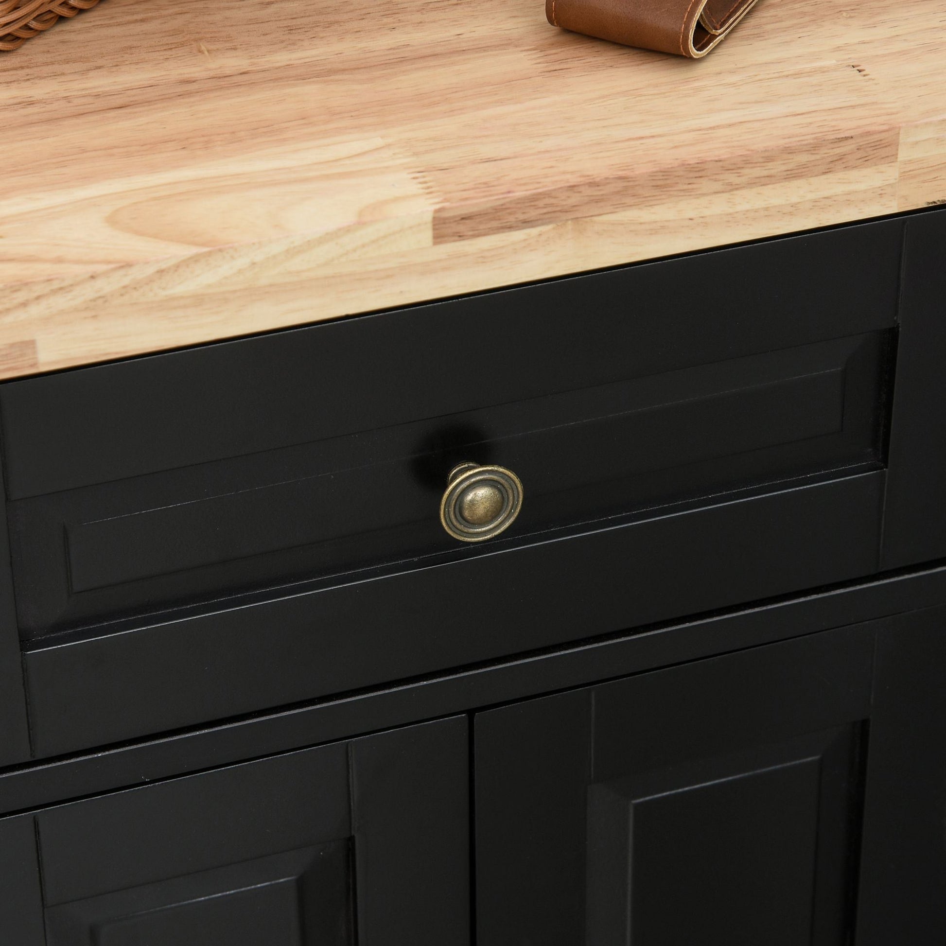 HOMCOM Ilha de Cozinha com Rodas Móvel Auxiliar de Cozinha com 2 Gavetas 4 Portas Suporte para Temperos e Barra Lateral 111x44,5x82,5 cm Preto e Madeira - A minha loja