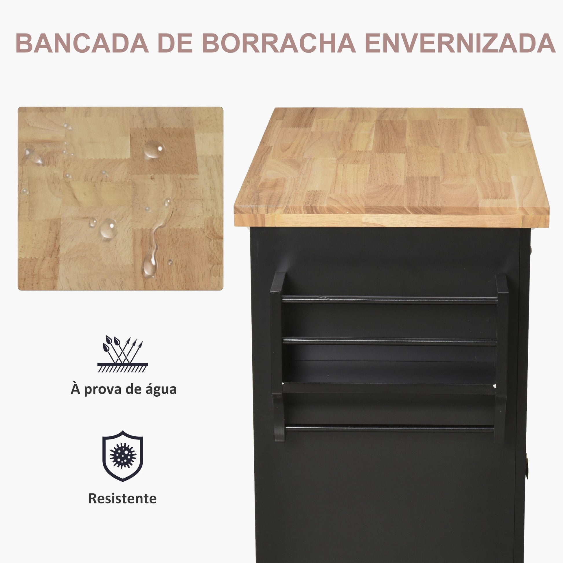 HOMCOM Ilha de Cozinha com Rodas Móvel Auxiliar de Cozinha com 2 Gavetas 4 Portas Suporte para Temperos e Barra Lateral 111x44,5x82,5 cm Preto e Madeira - A minha loja