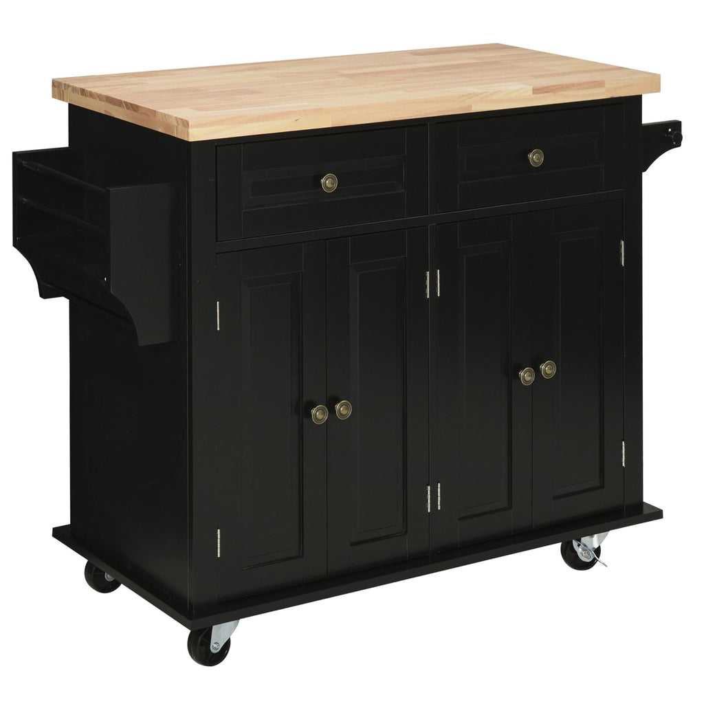 HOMCOM Ilha de Cozinha com Rodas Móvel Auxiliar de Cozinha com 2 Gavetas 4 Portas Suporte para Temperos e Barra Lateral 111x44,5x82,5 cm Preto e Madeira - A minha loja