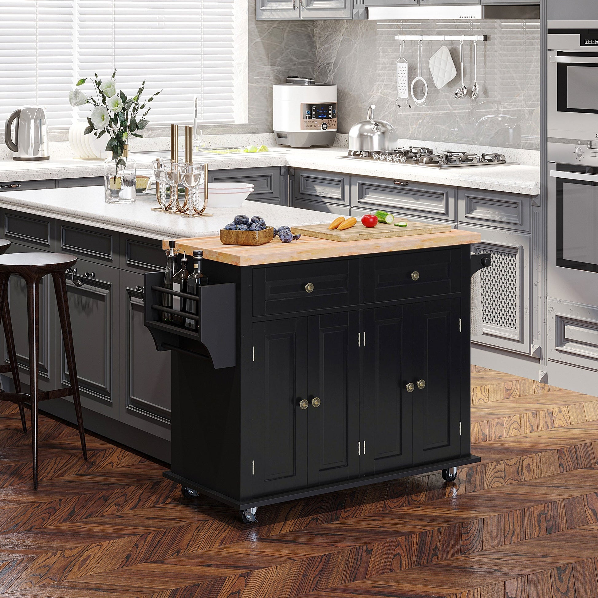 HOMCOM Ilha de Cozinha com Rodas Móvel Auxiliar de Cozinha com 2 Gavetas 4 Portas Suporte para Temperos e Barra Lateral 111x44,5x82,5 cm Preto e Madeira - A minha loja