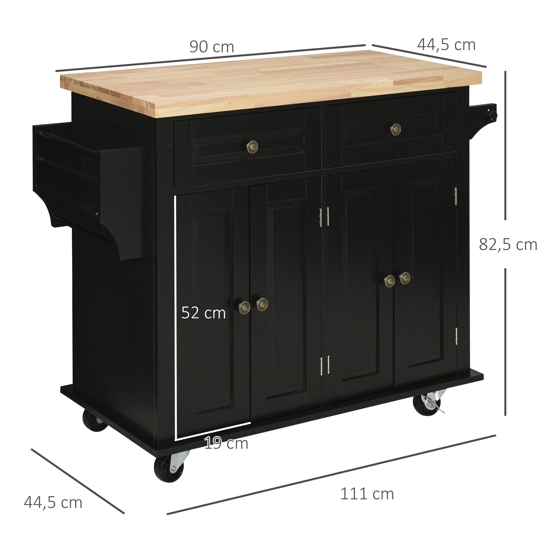HOMCOM Ilha de Cozinha com Rodas Móvel Auxiliar de Cozinha com 2 Gavetas 4 Portas Suporte para Temperos e Barra Lateral 111x44,5x82,5 cm Preto e Madeira - A minha loja