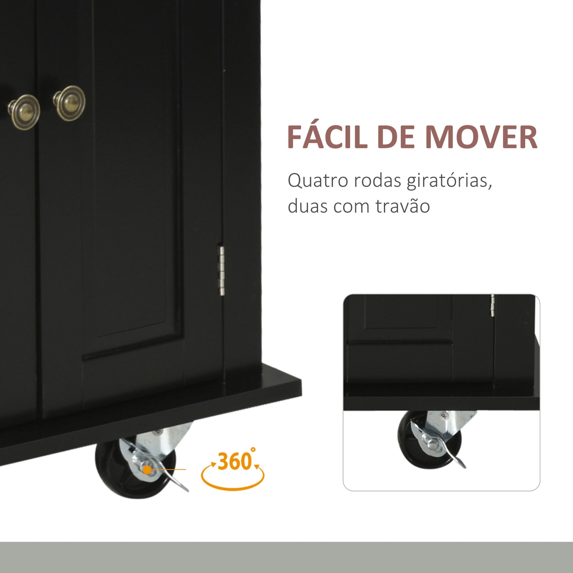 HOMCOM Ilha de Cozinha com Rodas Móvel Auxiliar de Cozinha com 2 Gavetas 4 Portas Suporte para Temperos e Barra Lateral 111x44,5x82,5 cm Preto e Madeira - A minha loja