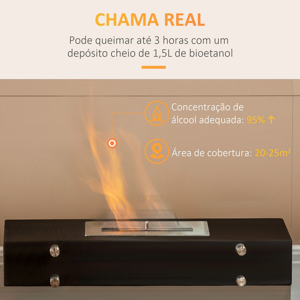 HOMCOM Lareira de Bioetanol 7000 BTU Lareira de Bioetanol de Mesa com Tanque de 1,5 L Apaga - chamas em Aço Inoxidável Tempo de Combustão 3H para Interiores 20 - 25 m² 60x26x50 cm Preto - A minha loja