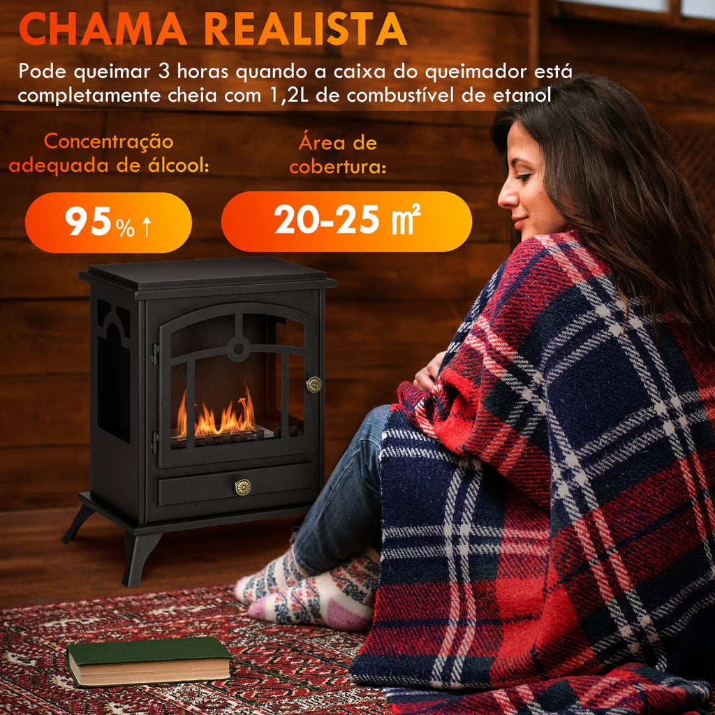 HOMCOM Lareira de Bioetanol Lareira de Bioetanol de Pé com Depósito de 1,2L Apagador de Chamas de Aço Inoxidável Tempo de Combustão 3H para Interiores 20 - 25 m² 45x28x54 cm Preto - A minha loja