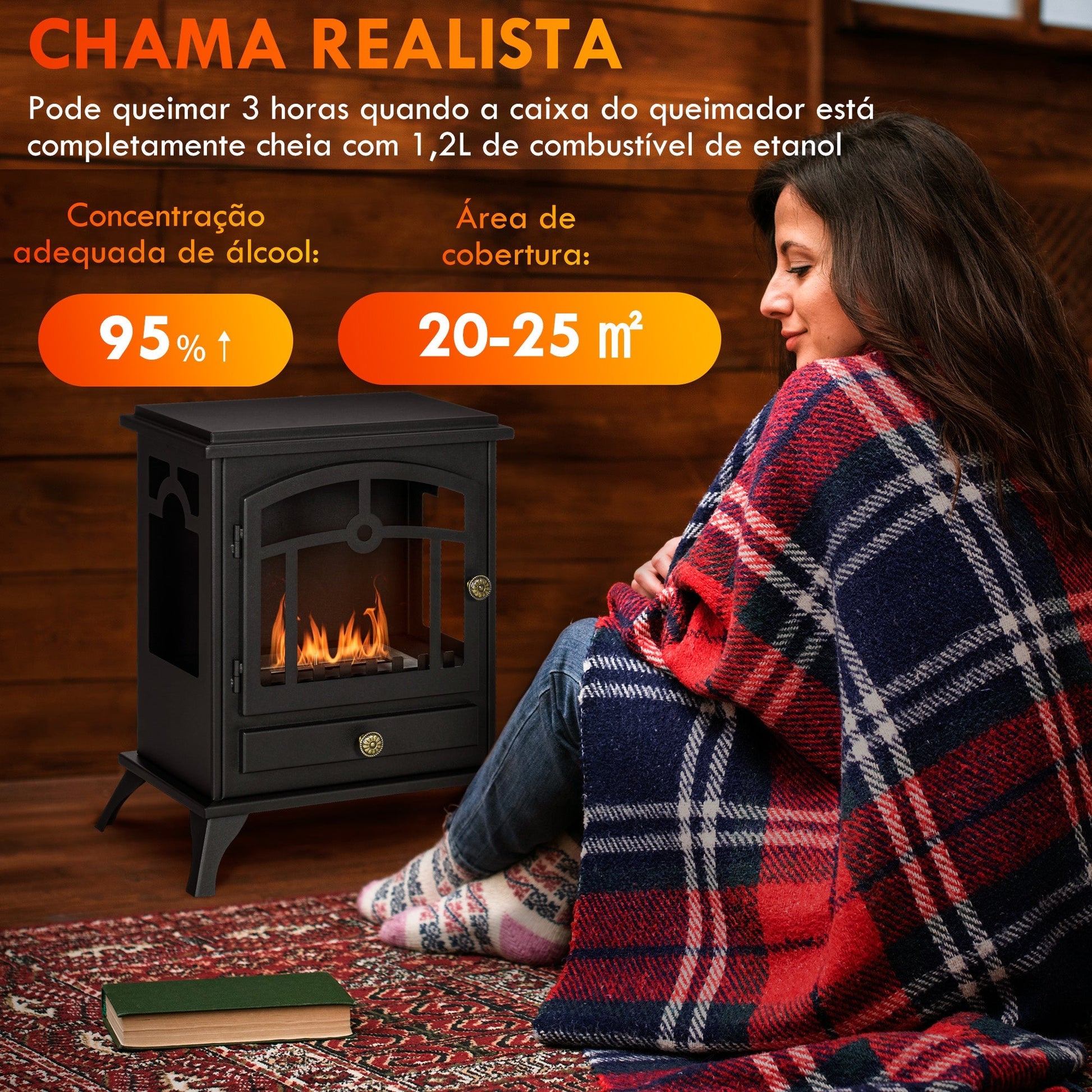 HOMCOM Lareira de Bioetanol Lareira de Bioetanol de Pé com Depósito de 1,2L Apagador de Chamas de Aço Inoxidável Tempo de Combustão 3H para Interiores 20 - 25 m² 45x28x54 cm Preto - A minha loja