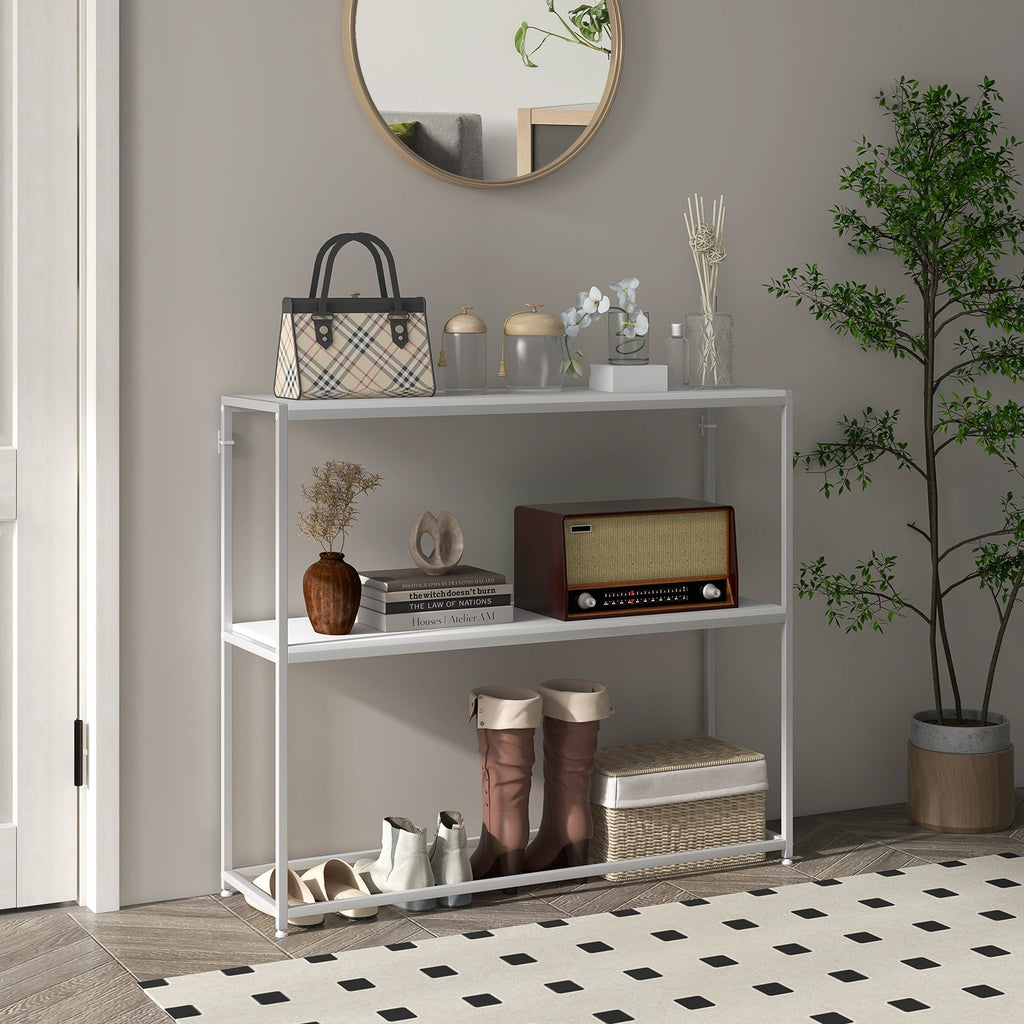 HOMCOM Mesa Consola de Entrada Mesa de Entrada com Estante Aberto e Estrutura de Aço Anti - tombo para Sala Corredor 100x30x87 cm Branco - A minha loja