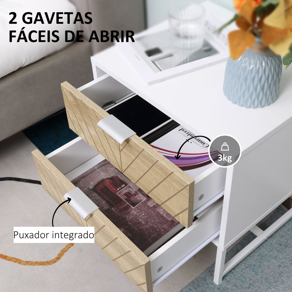 HOMCOM Mesa de Cabeceira com 2 Gavetas Mesa Auxiliar com Pés de Aço para Sala de Estar Dormitório 45x39x48cm Carvalho e Branco - A minha loja