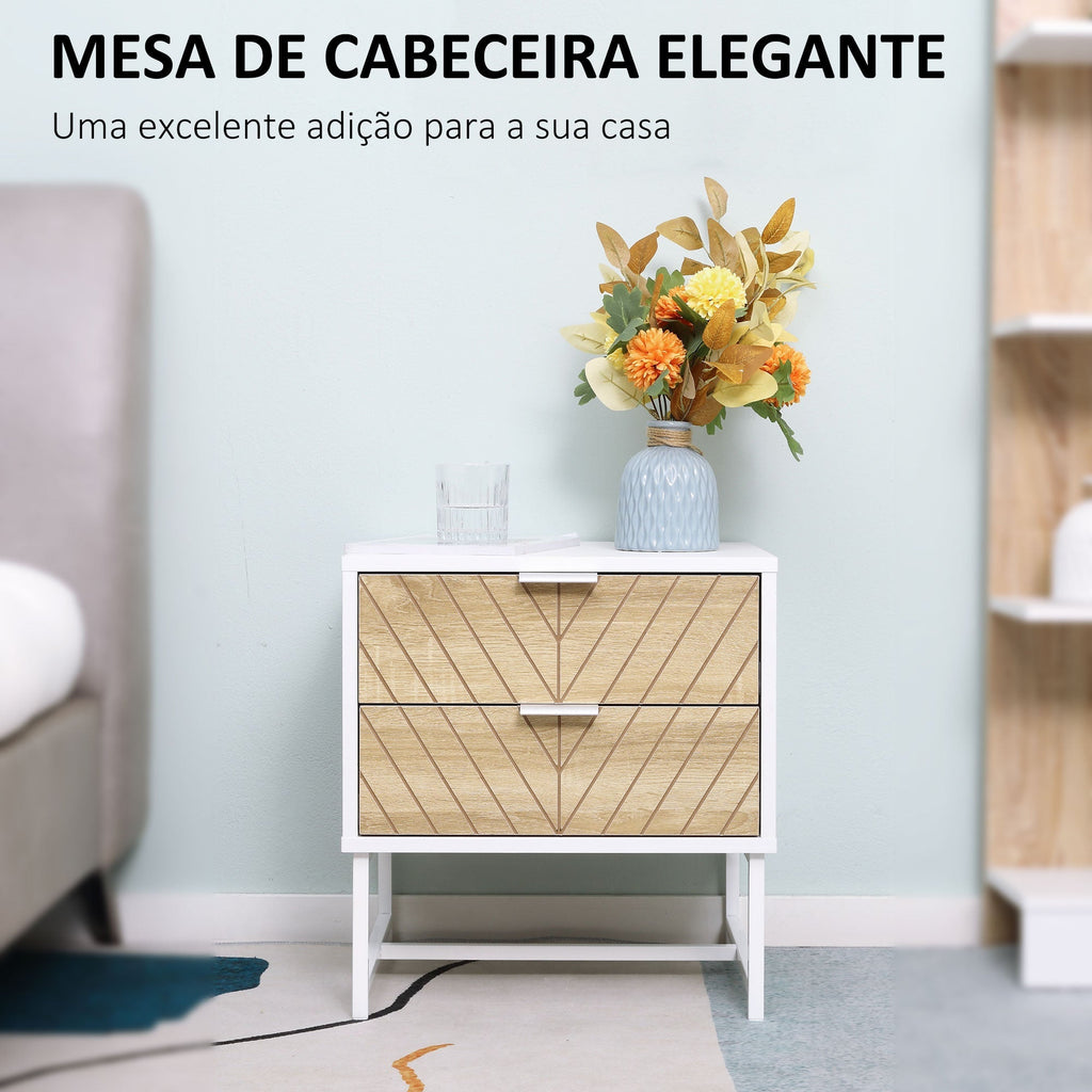 HOMCOM Mesa de Cabeceira com 2 Gavetas Mesa Auxiliar com Pés de Aço para Sala de Estar Dormitório 45x39x48cm Carvalho e Branco - A minha loja