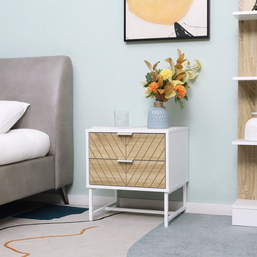 HOMCOM Mesa de Cabeceira com 2 Gavetas Mesa Auxiliar com Pés de Aço para Sala de Estar Dormitório 45x39x48cm Carvalho e Branco - A minha loja