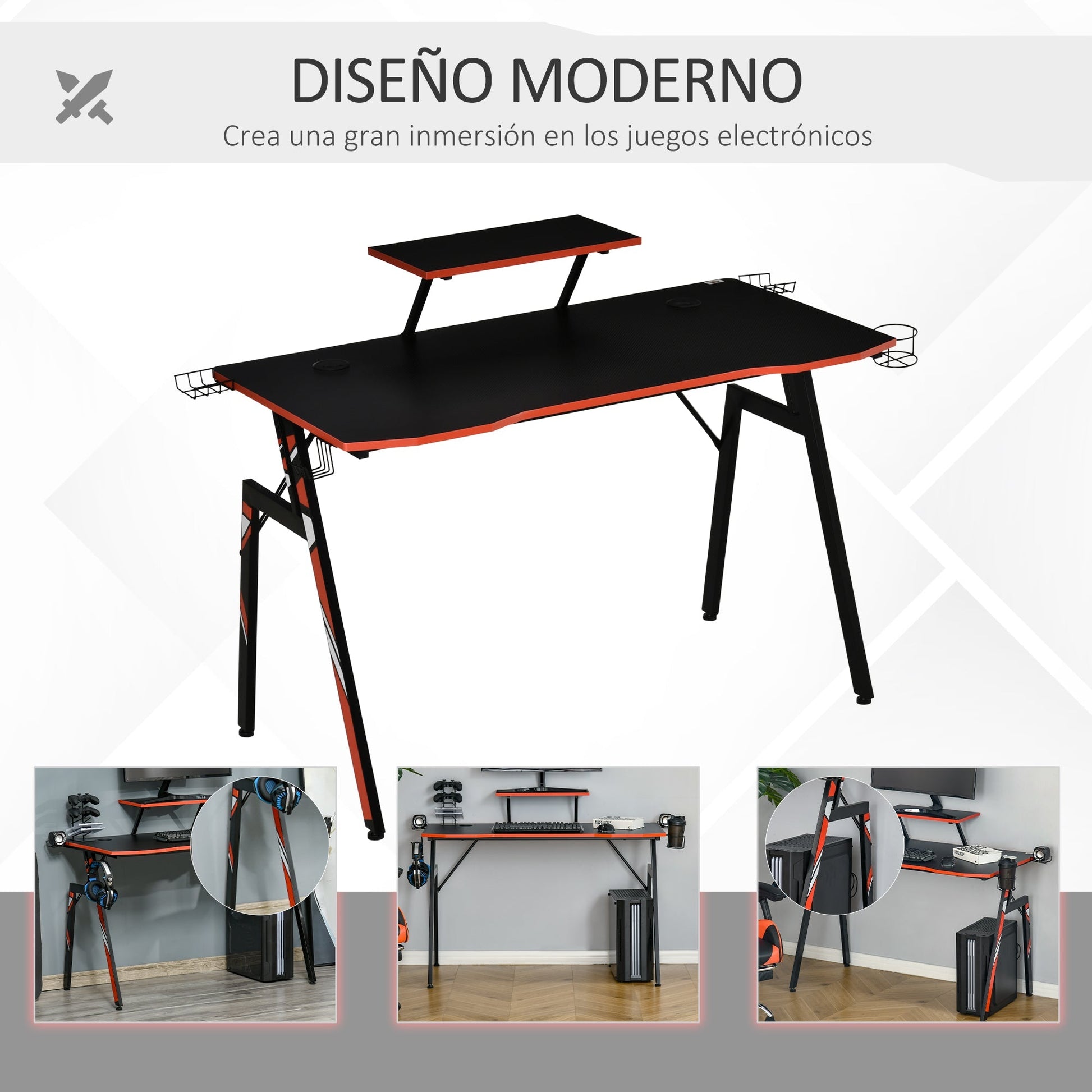 HOMCOM Mesa Gaming Ergonómica Secretária para Computador com Suporte para Monitor e Alto Falante Porta - Copos Gancho para Fones de Ouvido Fibra de Carbono 120x60x94,5 Preto - A minha loja