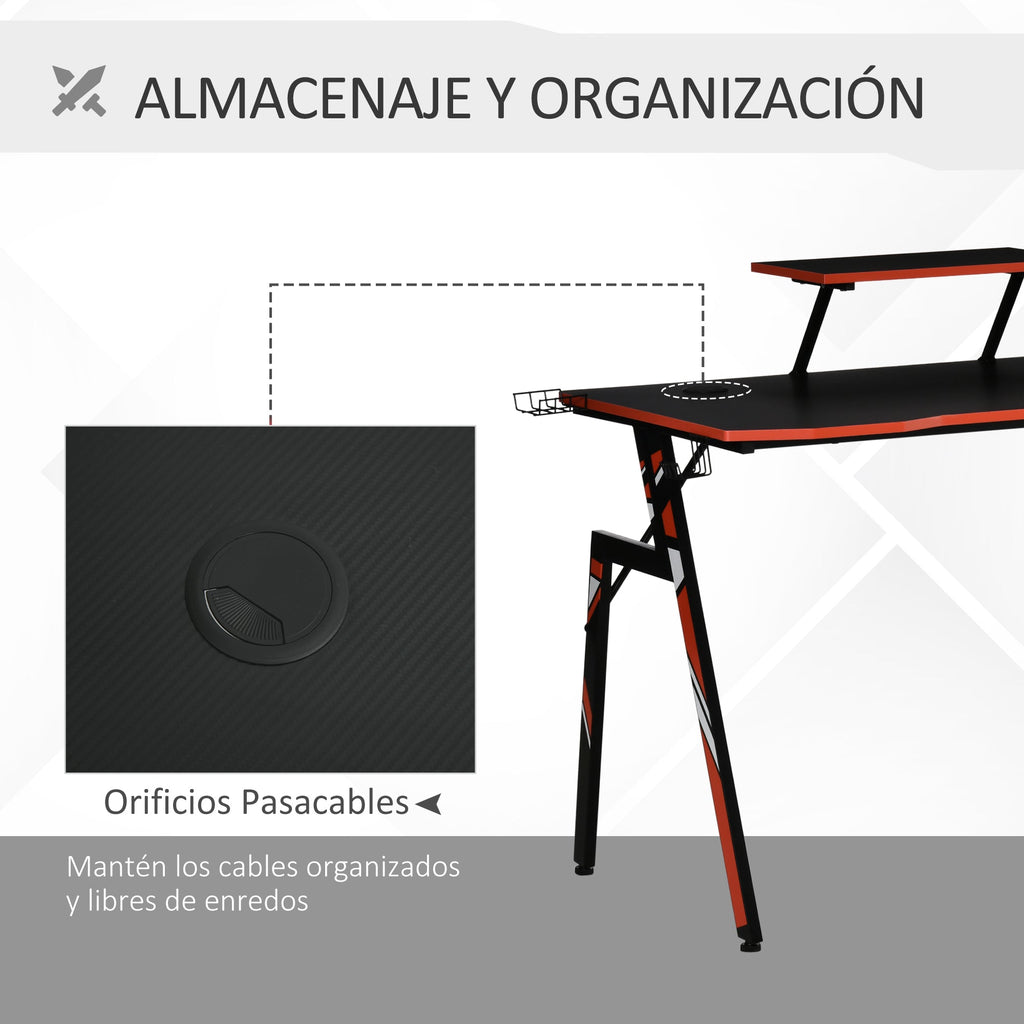 HOMCOM Mesa Gaming Ergonómica Secretária para Computador com Suporte para Monitor e Alto Falante Porta - Copos Gancho para Fones de Ouvido Fibra de Carbono 120x60x94,5 Preto - A minha loja