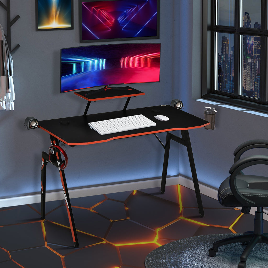HOMCOM Mesa Gaming Ergonómica Secretária para Computador com Suporte para Monitor e Alto Falante Porta - Copos Gancho para Fones de Ouvido Fibra de Carbono 120x60x94,5 Preto - A minha loja