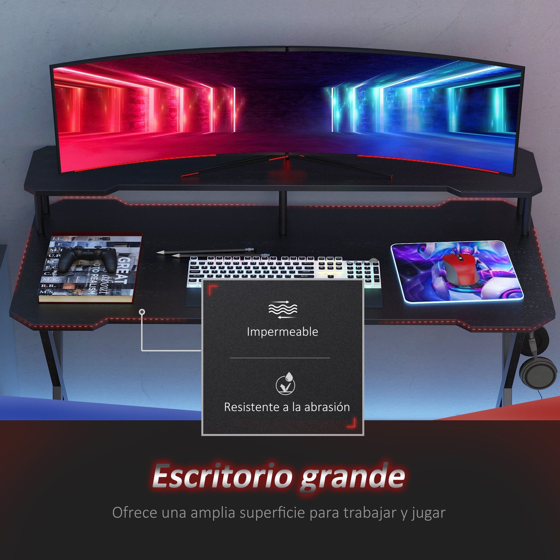 HOMCOM Mesa gaming para jogos secretária com suporte para monitor e fones de ouvido 140x60x90 cm Preto - A minha loja