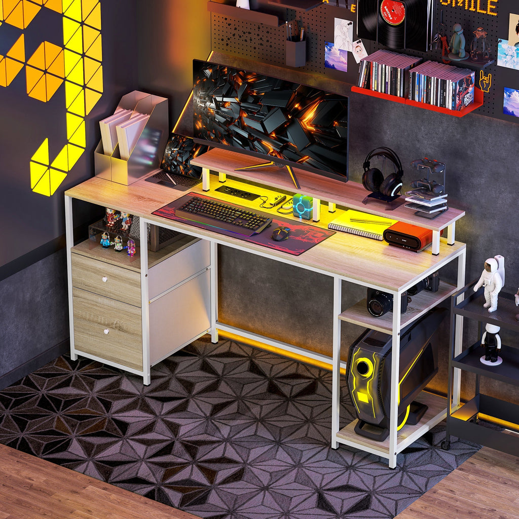 HOMCOM Mesa para Computador Secretária com Luzes LED Prateleiras Gavetas Plug Entrada USB e Suporte para Monitor para Escritório Estúdio 155,5x48x75,5 cm Madeira - A minha loja