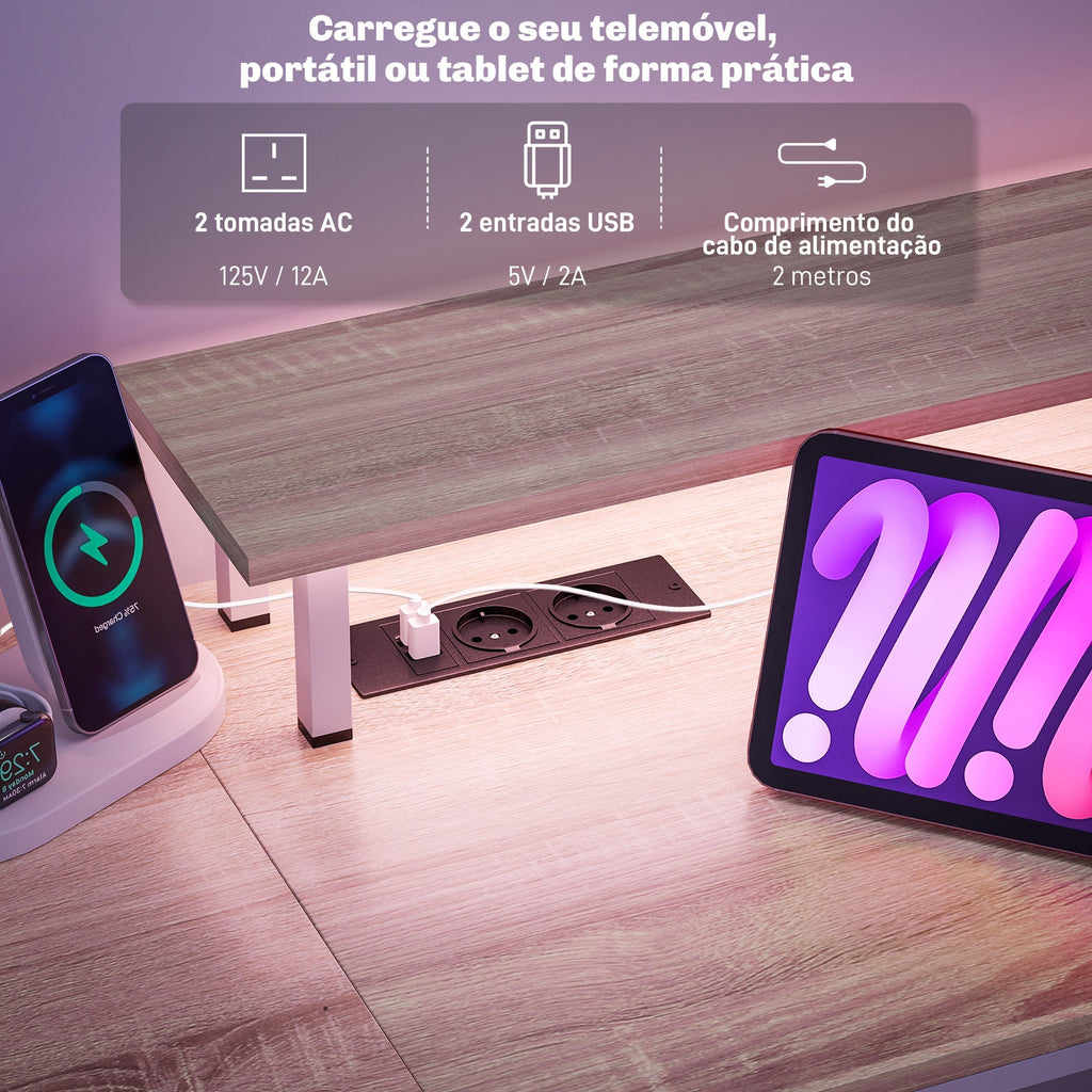 HOMCOM Mesa para Computador Secretária com Luzes LED Prateleiras Gavetas Plug Entrada USB e Suporte para Monitor para Escritório Estúdio 155,5x48x75,5 cm Madeira - A minha loja