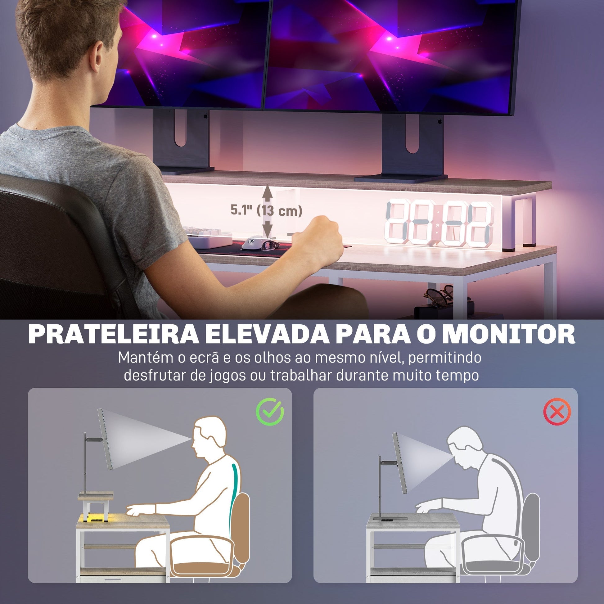 HOMCOM Mesa para Computador Secretária com Luzes LED Prateleiras Gavetas Plug Entrada USB e Suporte para Monitor para Escritório Estúdio 155,5x48x75,5 cm Madeira - A minha loja