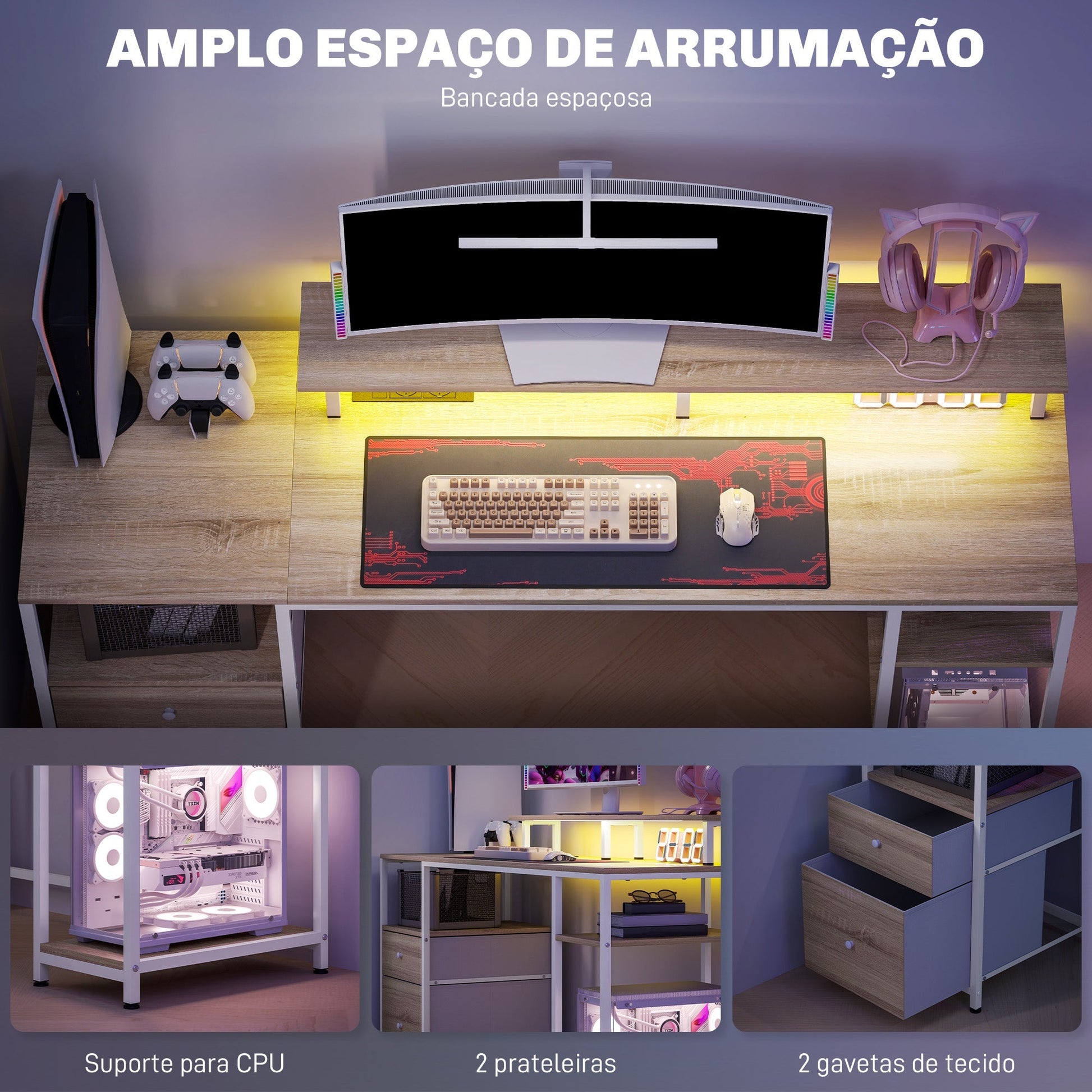 HOMCOM Mesa para Computador Secretária com Luzes LED Prateleiras Gavetas Plug Entrada USB e Suporte para Monitor para Escritório Estúdio 155,5x48x75,5 cm Madeira - A minha loja