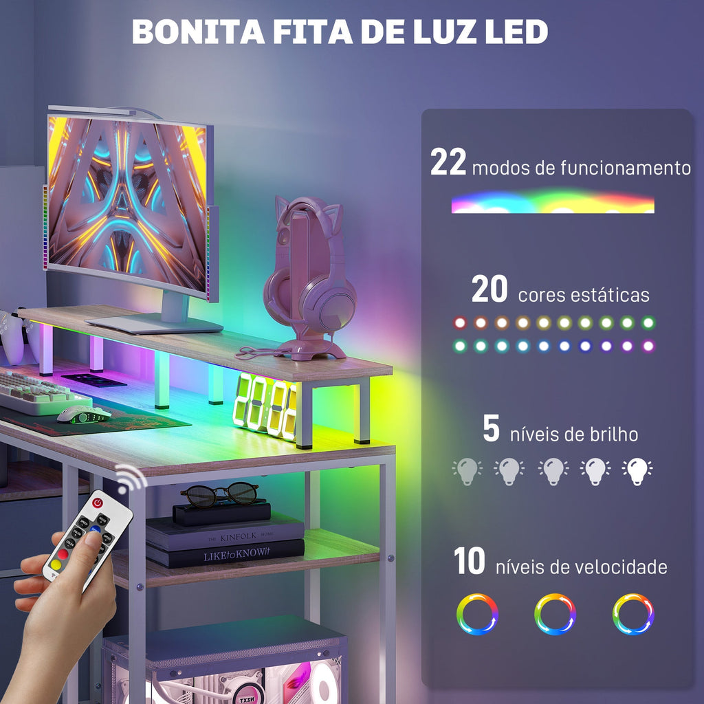 HOMCOM Mesa para Computador Secretária com Luzes LED Prateleiras Gavetas Plug Entrada USB e Suporte para Monitor para Escritório Estúdio 155,5x48x75,5 cm Madeira - A minha loja