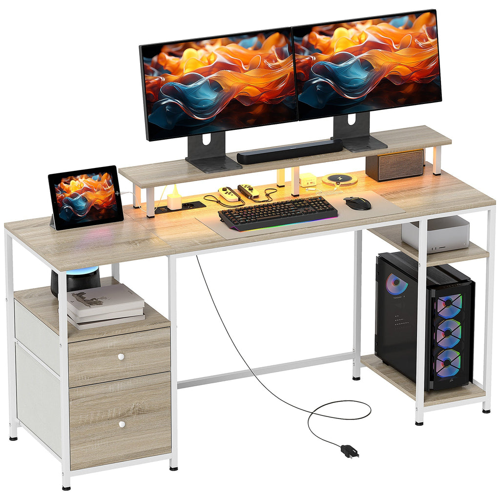 HOMCOM Mesa para Computador Secretária com Luzes LED Prateleiras Gavetas Plug Entrada USB e Suporte para Monitor para Escritório Estúdio 155,5x48x75,5 cm Madeira - A minha loja