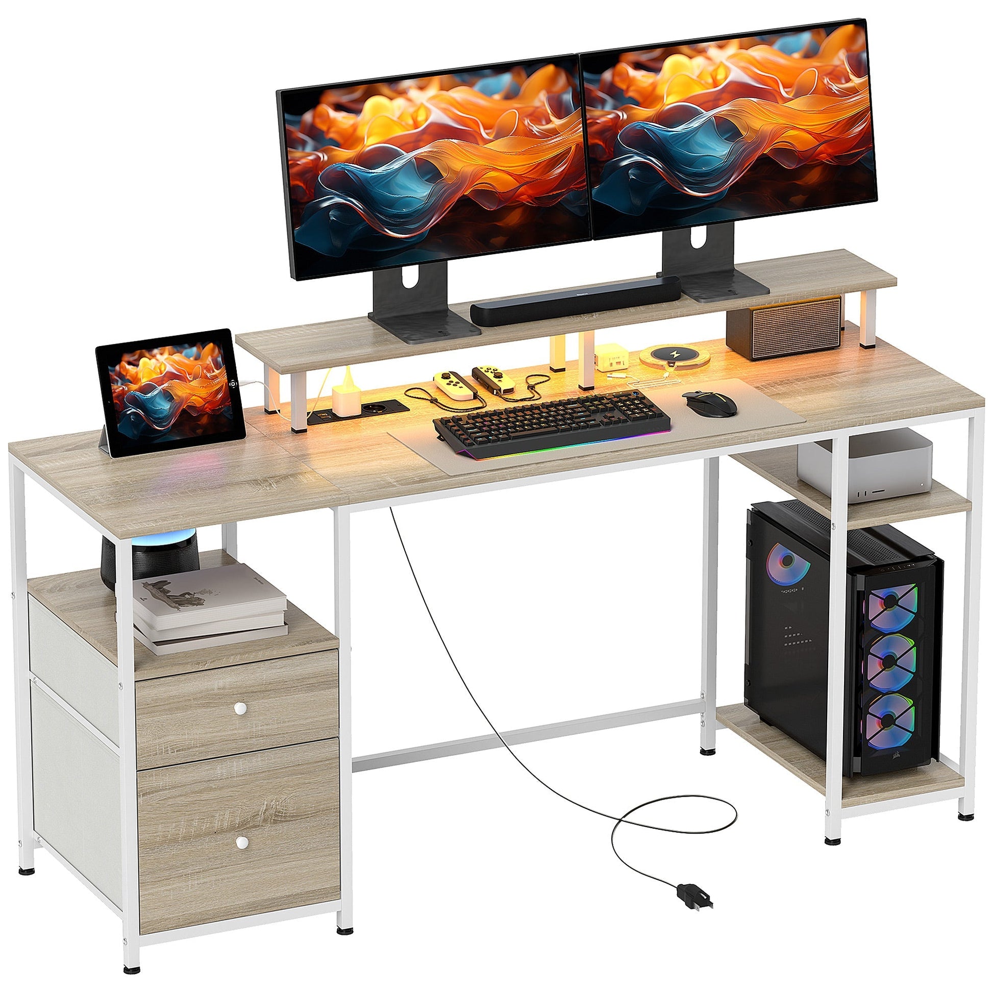 HOMCOM Mesa para Computador Secretária com Luzes LED Prateleiras Gavetas Plug Entrada USB e Suporte para Monitor para Escritório Estúdio 155,5x48x75,5 cm Madeira - A minha loja