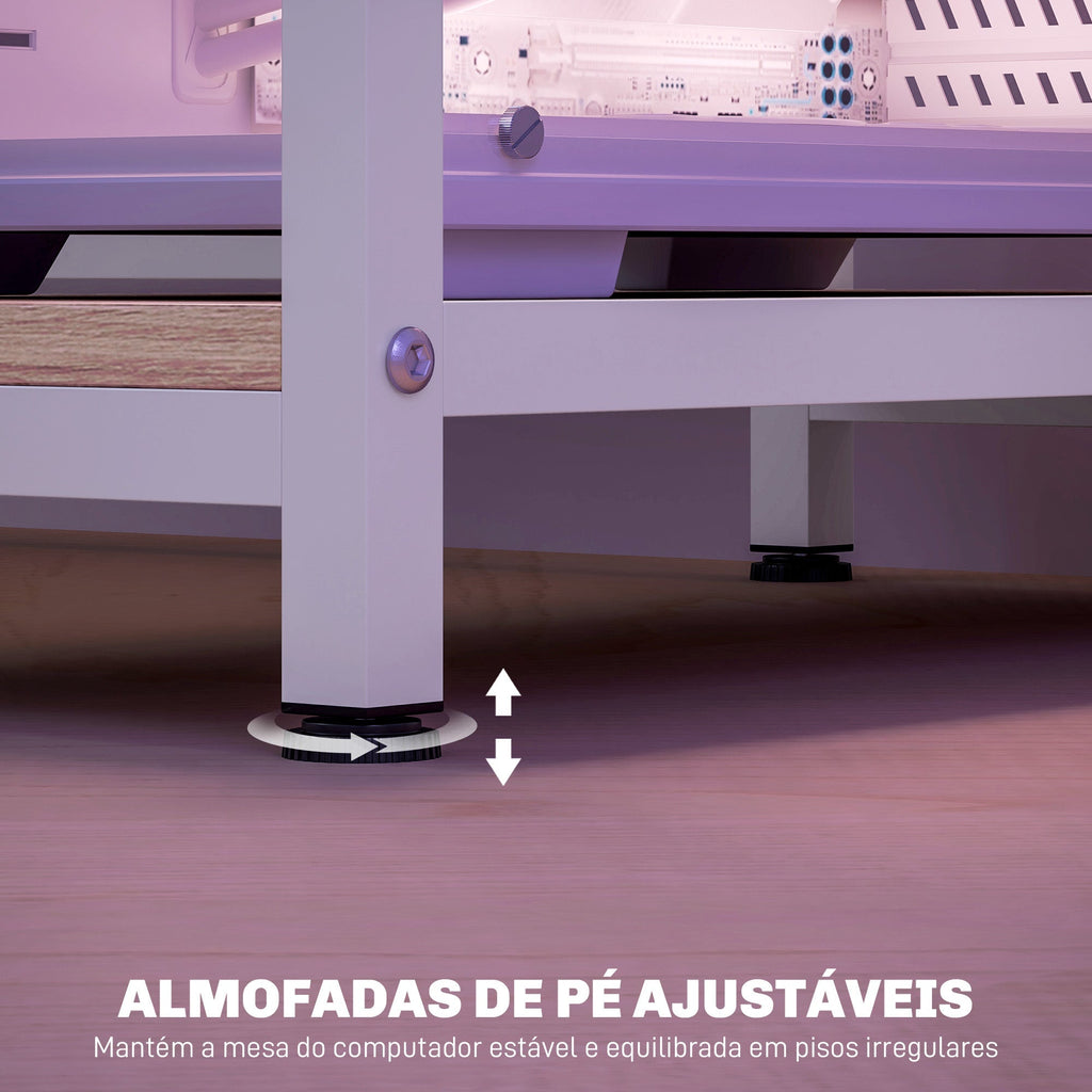 HOMCOM Mesa para Computador Secretária com Luzes LED Prateleiras Gavetas Plug Entrada USB e Suporte para Monitor para Escritório Estúdio 155,5x48x75,5 cm Madeira - A minha loja