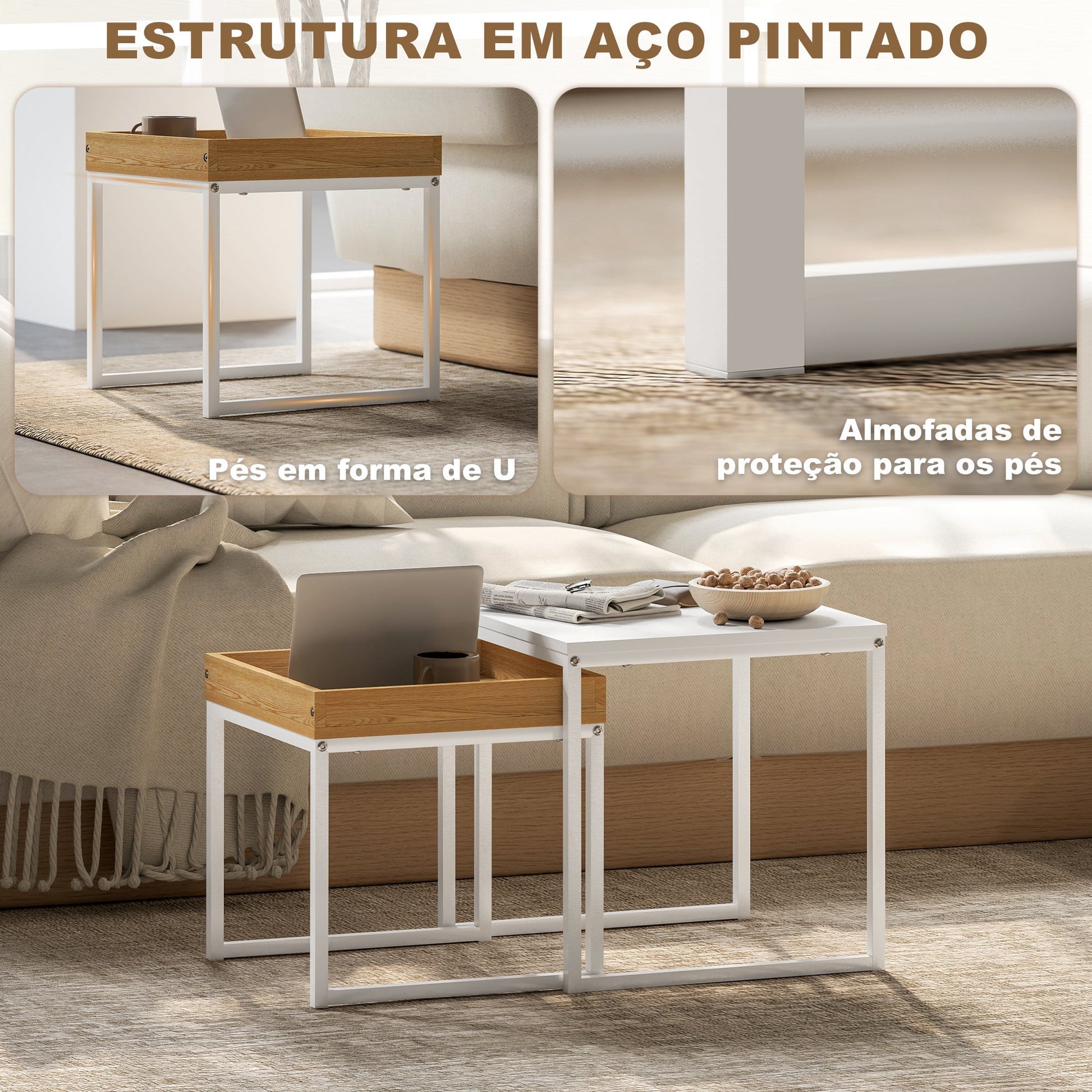 HOMCOM Mesas Auxiliares para Sala de Estar Conjunto de 2 Mesas com Estrutura de Aço Mesas de Centro Pequenas para Dormitório Branco e Carvalho - A minha loja