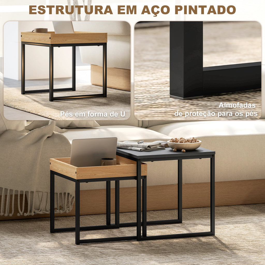 HOMCOM Mesas Auxiliares para Sala de Estar Conjunto de 2 Mesas com Estrutura de Aço Mesas de Centro Pequenas para Dormitório Preto e Carvalho - A minha loja