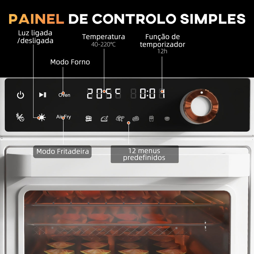 HOMCOM Mini Forno Elétrico Multifuncional Forno Elétrico de 13L 1200W Fritadeira sem Óleo com 12 Modos Temporizador e Temperatura Ajustável 33,5x32x32,5 cm Branco - A minha loja