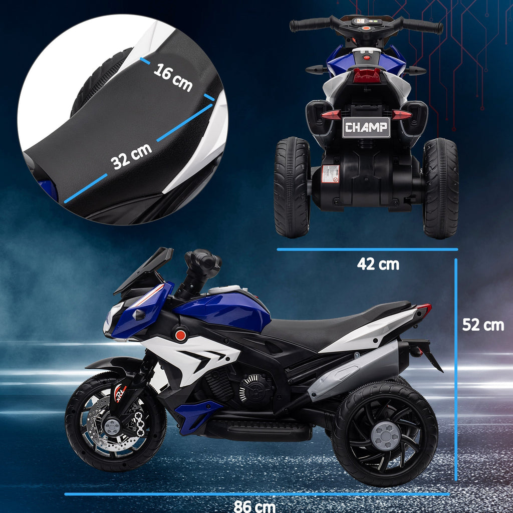 HOMCOM Motocicleta Elétrica Infantil com 3 Rodas Triciclo para Crianças acima de 3 anos com Bateria 6V Recarregável Funções de Música Buzina Faróis 86x42x52 cm Azul - A minha loja