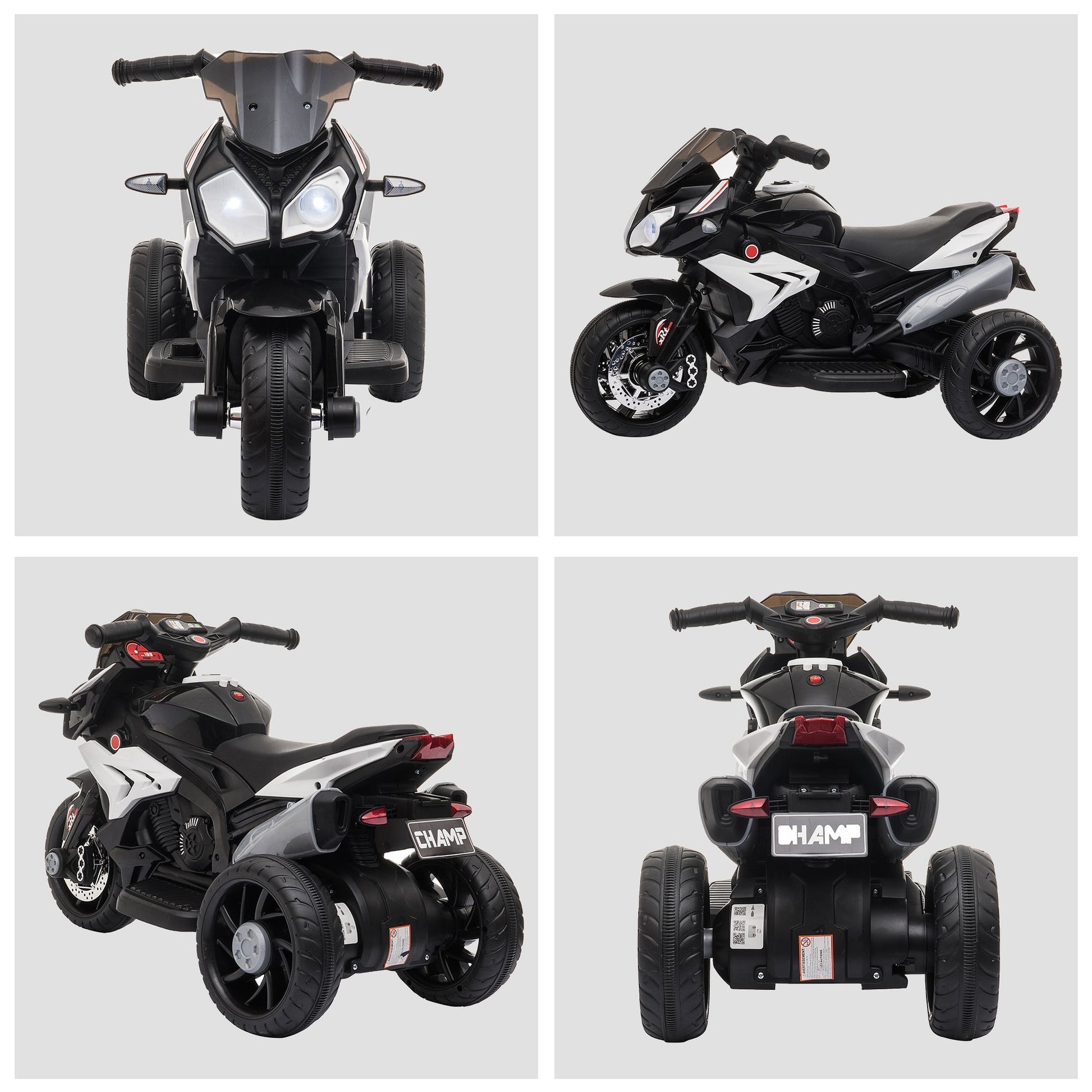 HOMCOM Motocicleta Elétrica Infantil com 3 Rodas Triciclo para Crianças acima de 3 anos com Bateria 6V Recarregável Funções de Música Buzina Faróis 86x42x52cm Preto e Branco - A minha loja