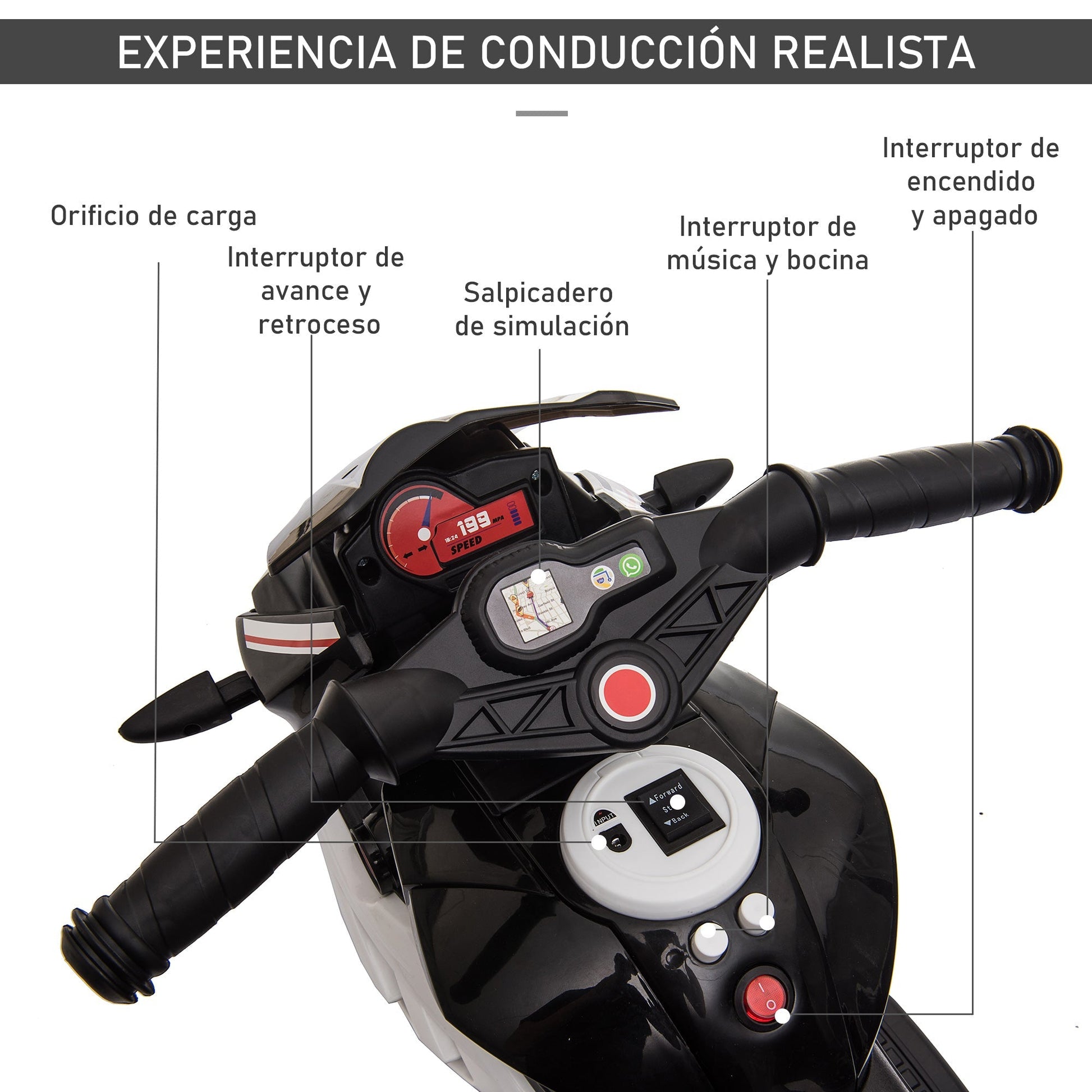 HOMCOM Motocicleta Elétrica Infantil com 3 Rodas Triciclo para Crianças acima de 3 anos com Bateria 6V Recarregável Funções de Música Buzina Faróis 86x42x52cm Preto e Branco - A minha loja