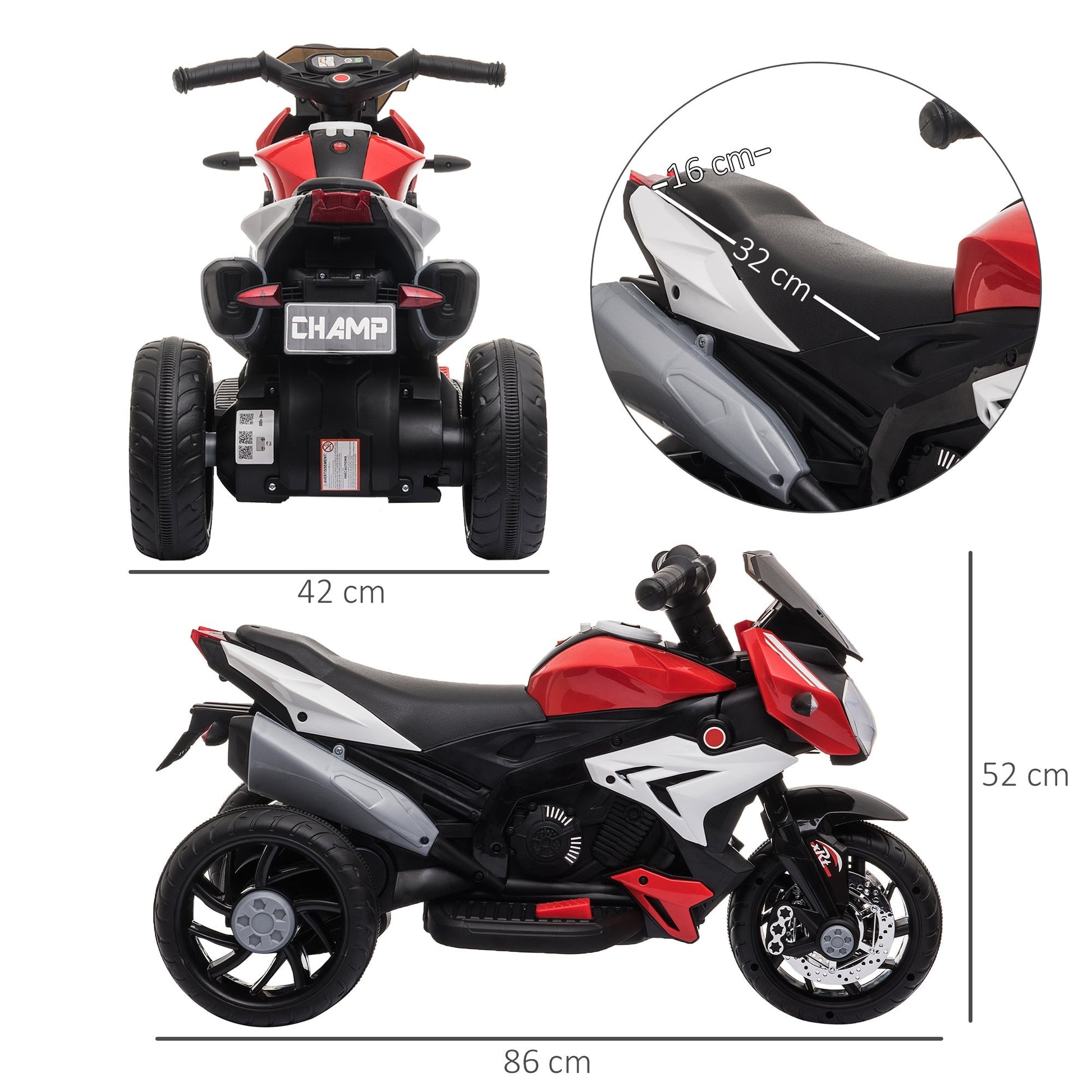 HOMCOM Motocicleta Elétrica Infantil com 3 Rodas Triciclo para Crianças acima de 3 anos com Bateria 6V Recarregável Funções de Música Buzina Faróis 86x42x52cm Preto e Vermelho - A minha loja