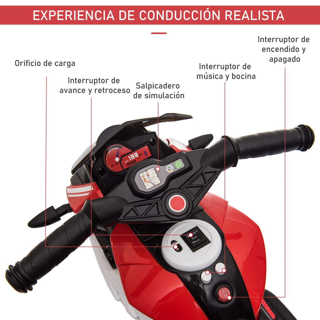 HOMCOM Motocicleta Elétrica Infantil com 3 Rodas Triciclo para Crianças acima de 3 anos com Bateria 6V Recarregável Funções de Música Buzina Faróis 86x42x52cm Preto e Vermelho - A minha loja