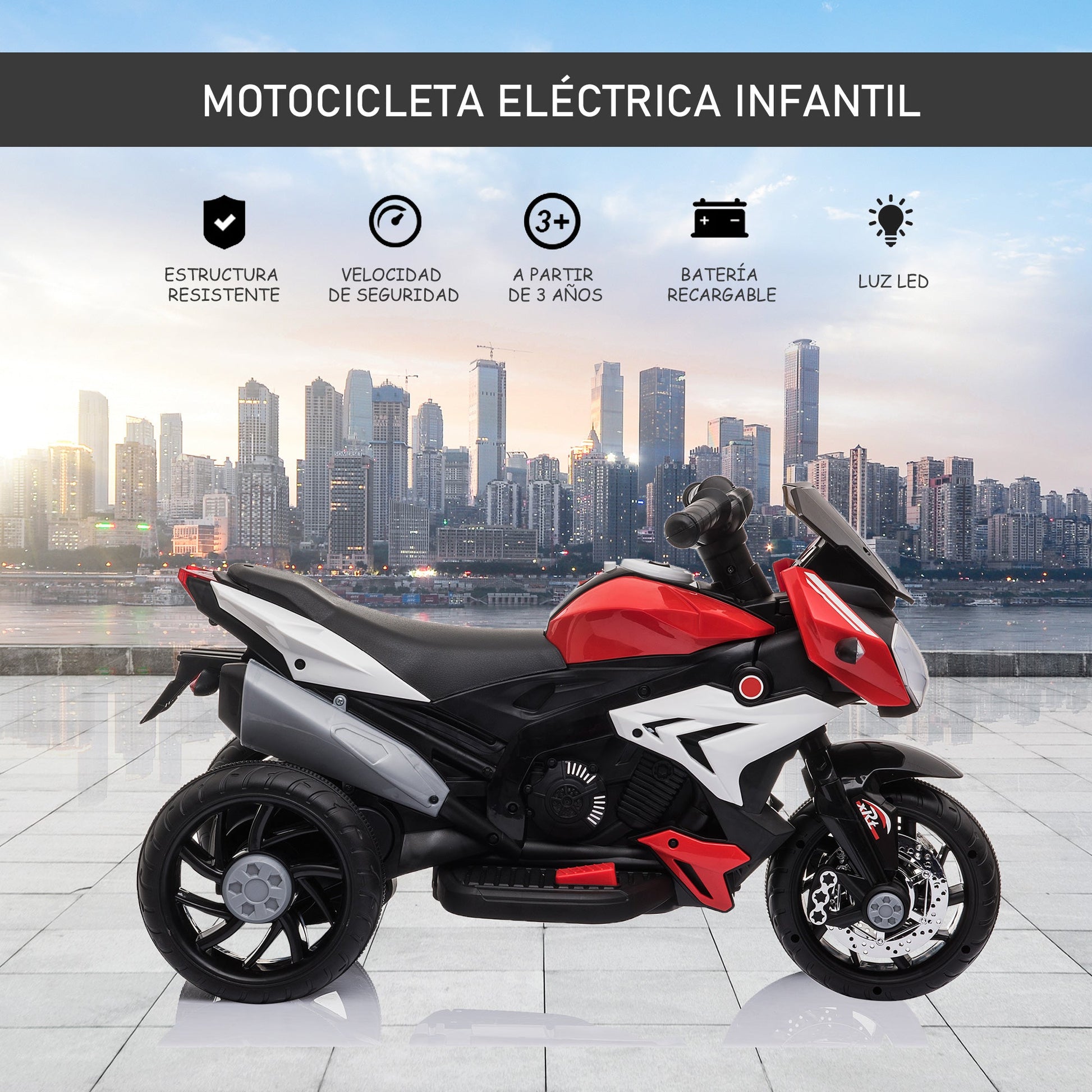 HOMCOM Motocicleta Elétrica Infantil com 3 Rodas Triciclo para Crianças acima de 3 anos com Bateria 6V Recarregável Funções de Música Buzina Faróis 86x42x52cm Preto e Vermelho - A minha loja