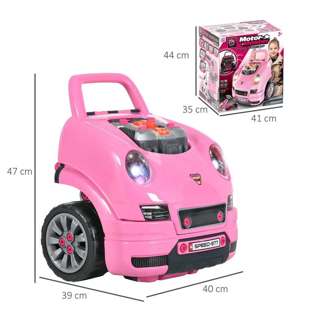 HOMCOM Motor de Caminhão para Crianças acima de 3 Anos Conjunto de Motor de Brinquedo com 61 Peças Volante Buzina Faróis Caixa de Armazenamento e Rodas 40x39x47 cm Rosa - A minha loja