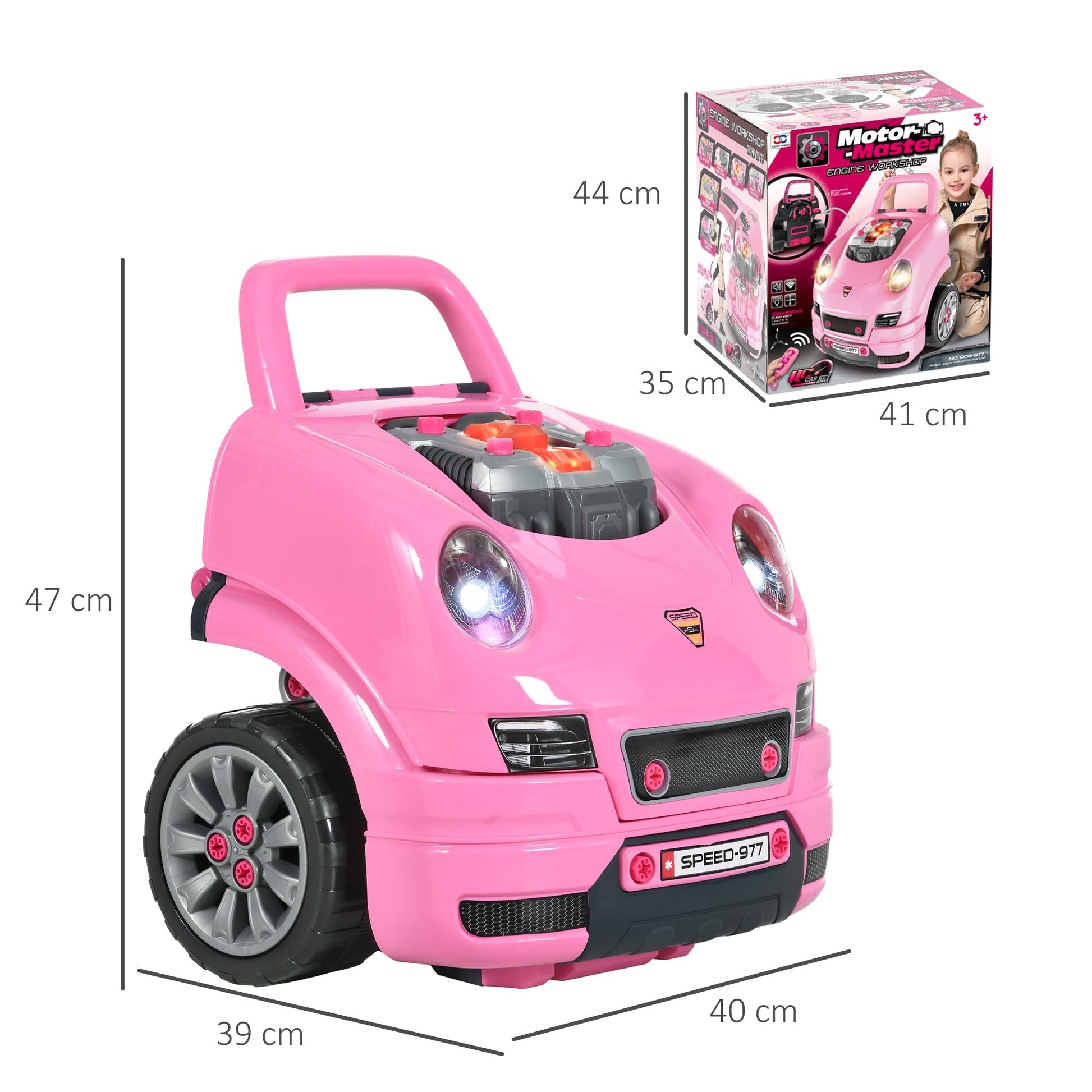 HOMCOM Motor de Caminhão para Crianças acima de 3 Anos Conjunto de Motor de Brinquedo com 61 Peças Volante Buzina Faróis Caixa de Armazenamento e Rodas 40x39x47 cm Rosa - A minha loja