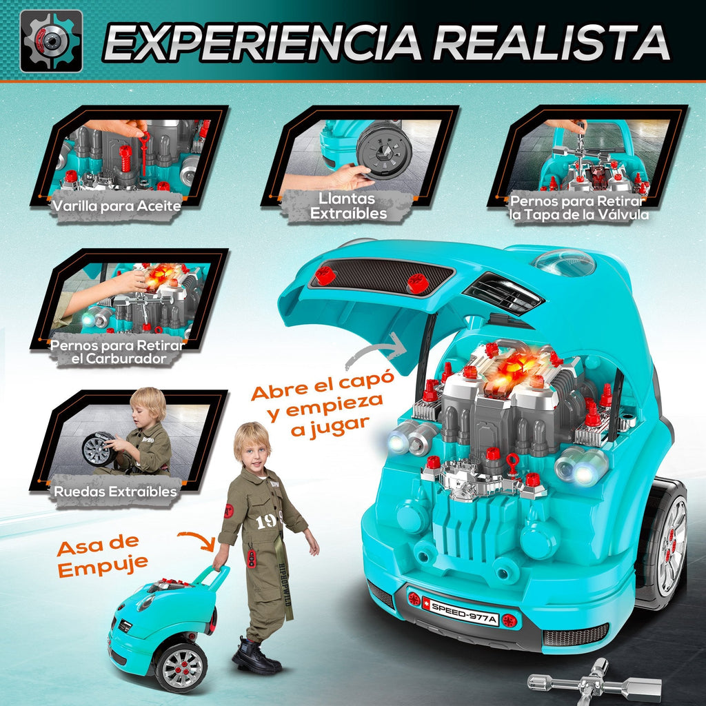 HOMCOM Motor de Caminhão para Crianças acima de 3 Anos Conjunto de Motor de Brinquedo com 61 Peças Volante Buzina Faróis Caixa de Armazenamento e Rodas 40x39x47cm Turquesa - A minha loja