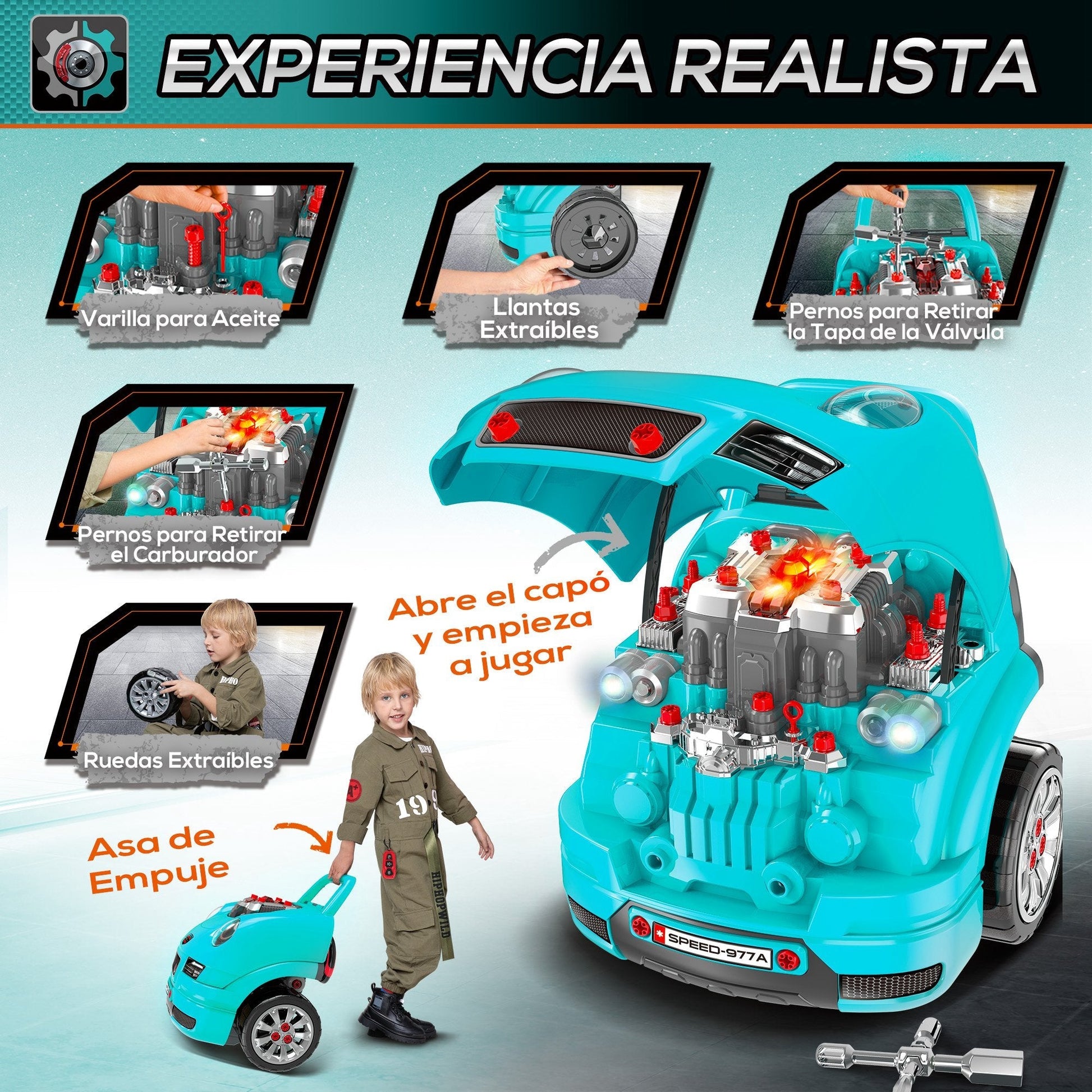 HOMCOM Motor de Caminhão para Crianças acima de 3 Anos Conjunto de Motor de Brinquedo com 61 Peças Volante Buzina Faróis Caixa de Armazenamento e Rodas 40x39x47cm Turquesa - A minha loja
