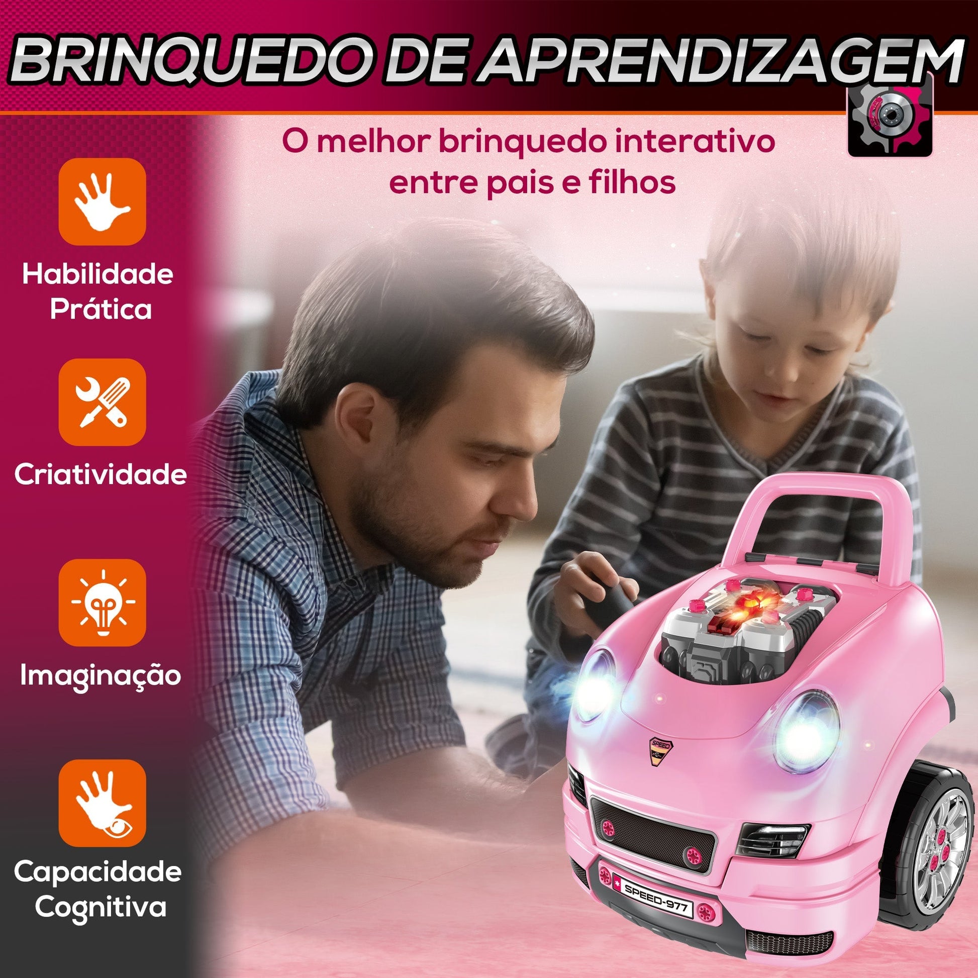 HOMCOM Motor de Caminhão para Crianças acima de 3 Anos Conjunto de Motor de Brinquedo com 61 Peças Volante Buzina Faróis Caixa de Armazenamento e Rodas 40x39x47 cm Rosa - A minha loja