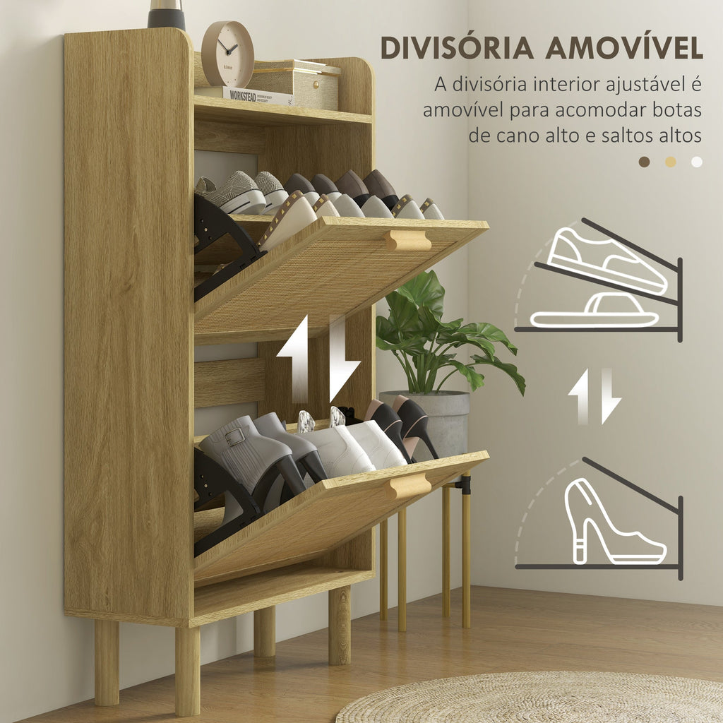 HOMCOM Móvel Sapateira de Entrada Armário de Sapatos Boêmio com 2 Gavetas Basculantes e 1 Prateleira Aberta para 18 Pares de Sapatos para Corredor Entrada 80x24,5x110 cm Carvalho - A minha loja