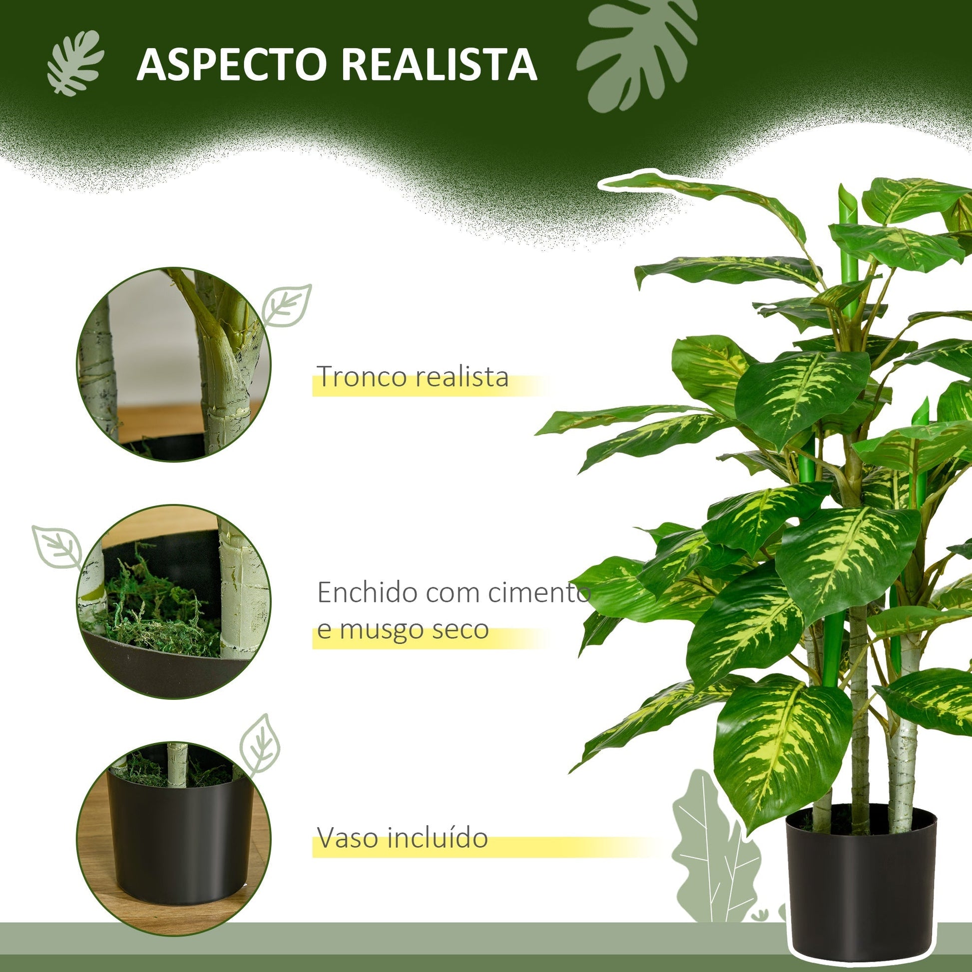 HOMCOM Planta Artificial Aglaonema Planta Sintética de 95cm com 42 Folhas e Vaso de Cimento Decoração para Casa Escritório e Exterior Verde - A minha loja