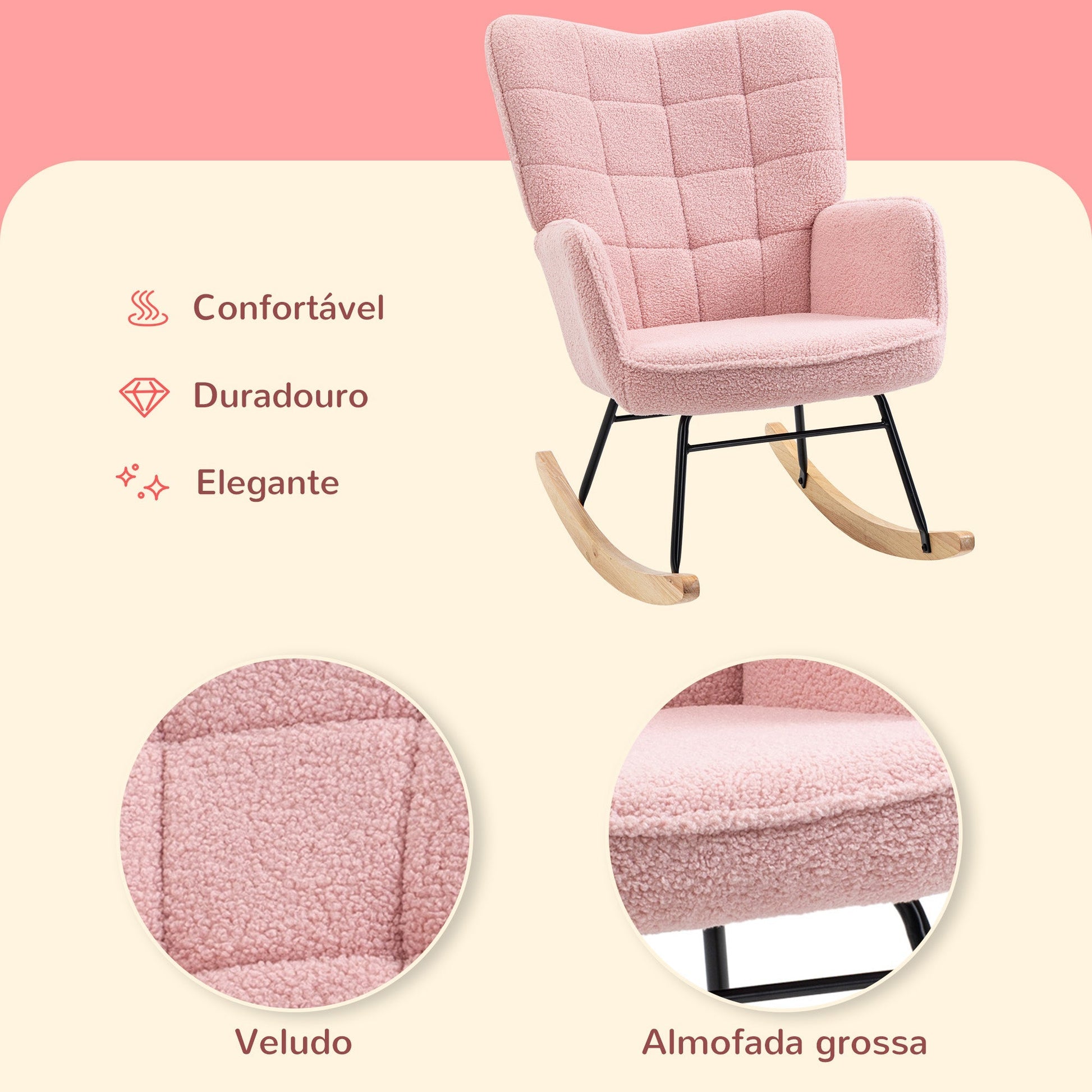 HOMCOM Poltrona Baloiço em Borrego Poltrona de Sala de Estar Oscilação de 40° com Pés de Madeira de Faia e Estrutura de Aço para Dormitório Carga Máxima 120 kg 71x92x101 cm Rosa - A minha loja