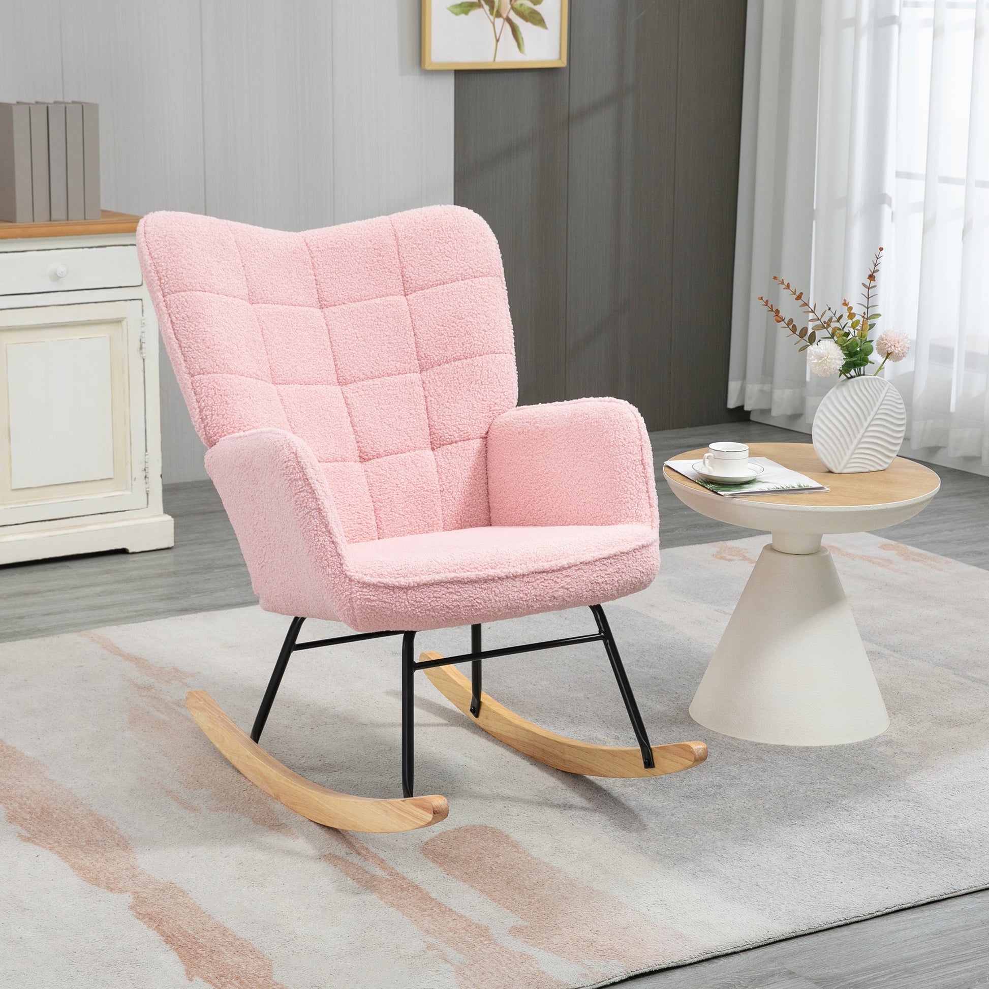 HOMCOM Poltrona Baloiço em Borrego Poltrona de Sala de Estar Oscilação de 40° com Pés de Madeira de Faia e Estrutura de Aço para Dormitório Carga Máxima 120 kg 71x92x101 cm Rosa - A minha loja