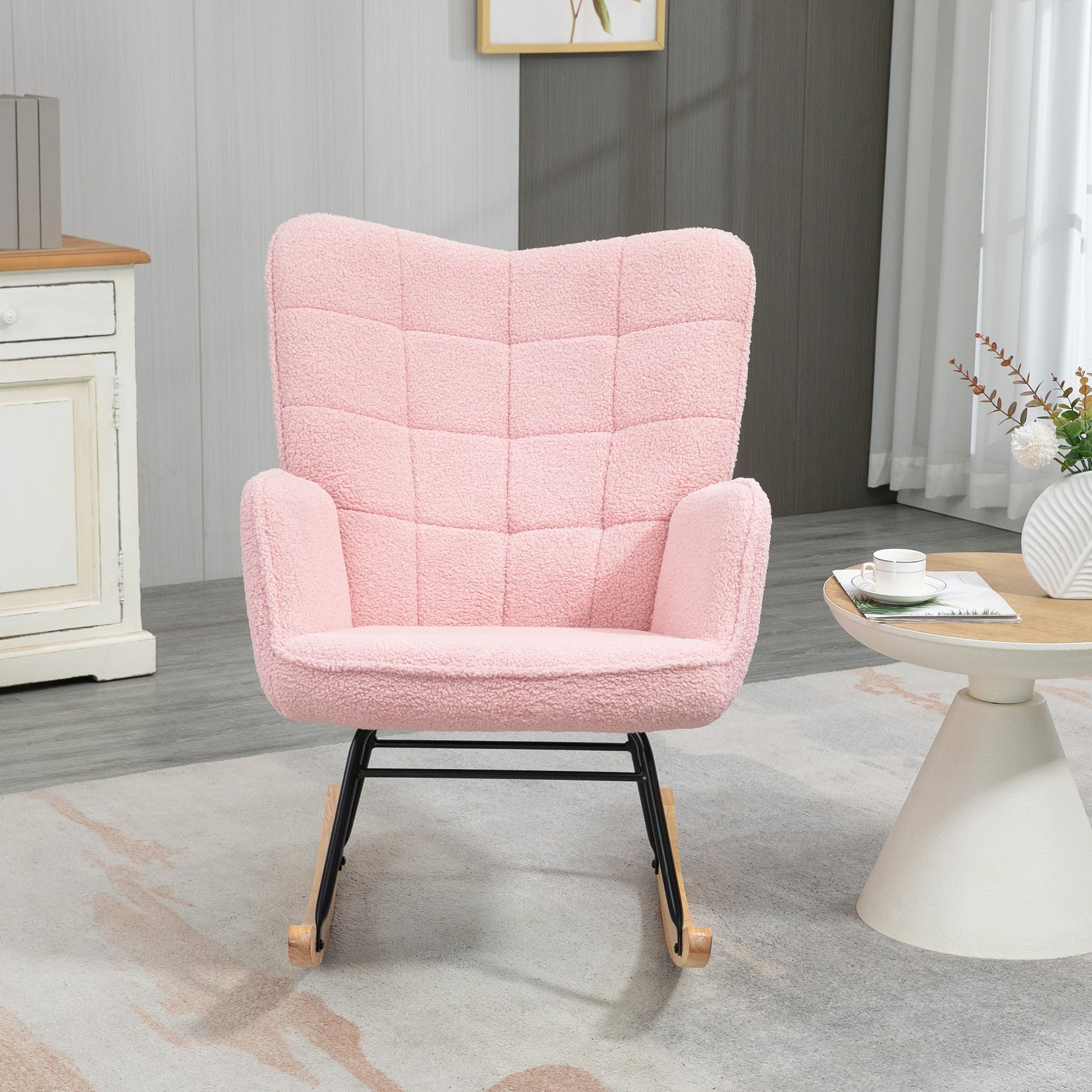 HOMCOM Poltrona Baloiço em Borrego Poltrona de Sala de Estar Oscilação de 40° com Pés de Madeira de Faia e Estrutura de Aço para Dormitório Carga Máxima 120 kg 71x92x101 cm Rosa - A minha loja