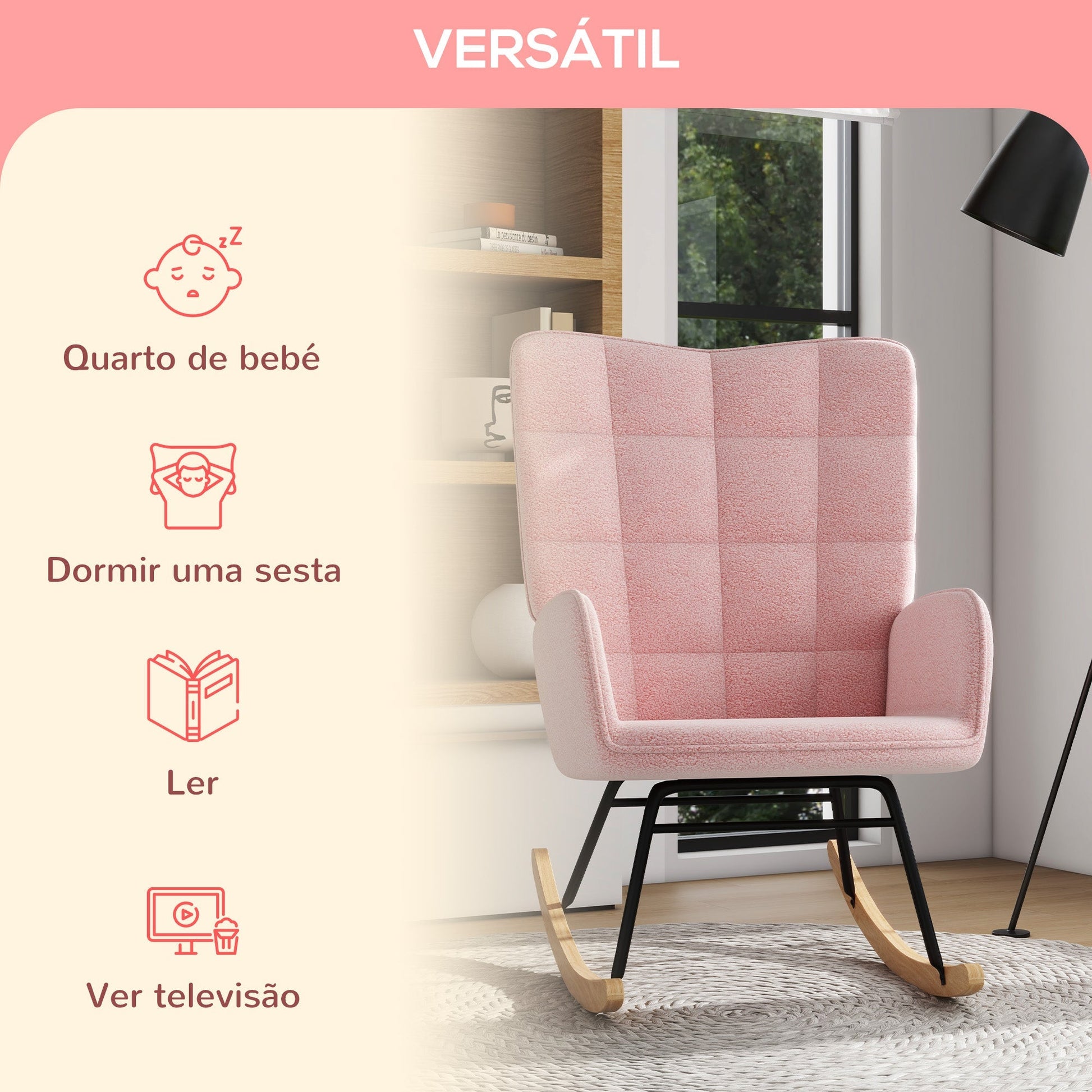 HOMCOM Poltrona Baloiço em Borrego Poltrona de Sala de Estar Oscilação de 40° com Pés de Madeira de Faia e Estrutura de Aço para Dormitório Carga Máxima 120 kg 71x92x101 cm Rosa - A minha loja