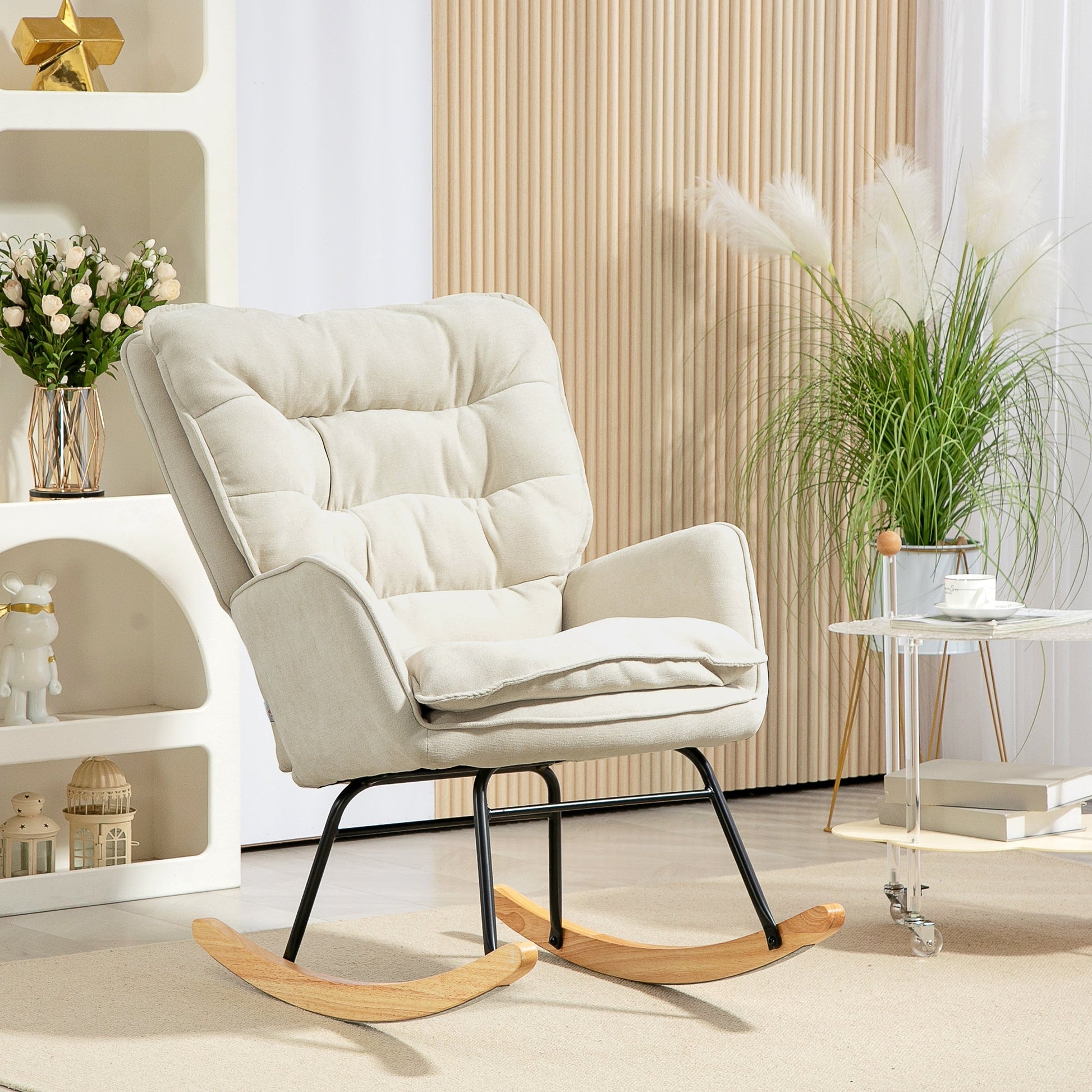 HOMCOM Poltrona Baloiço Estofada em Chenilla Cadeira Baloiço com Pés de Madeira de Faia e Apoio para os Braços para Lactância Carga 120 kg para Dormitório Sala de Estar 71x98,5x97 cm Bege - A minha loja